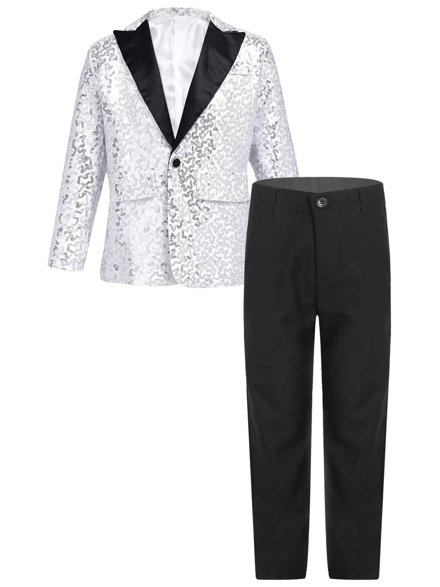 Kids Boys Sequins Lapel Blazer Tuxedo and Pants Formal Suits