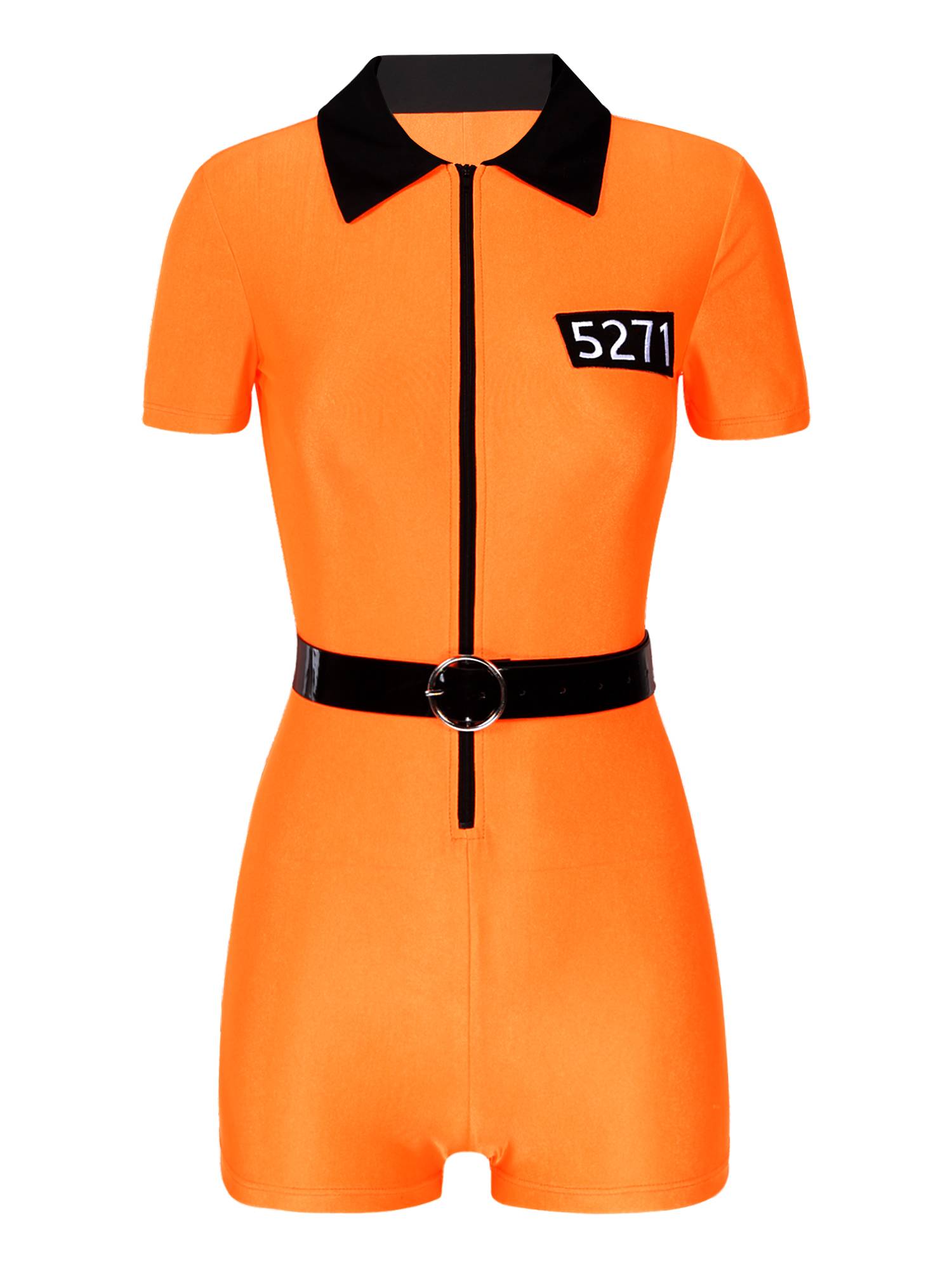 Women Short Sleeve Lapel Prisoner Cosplay Halloween Party Romper with Belt