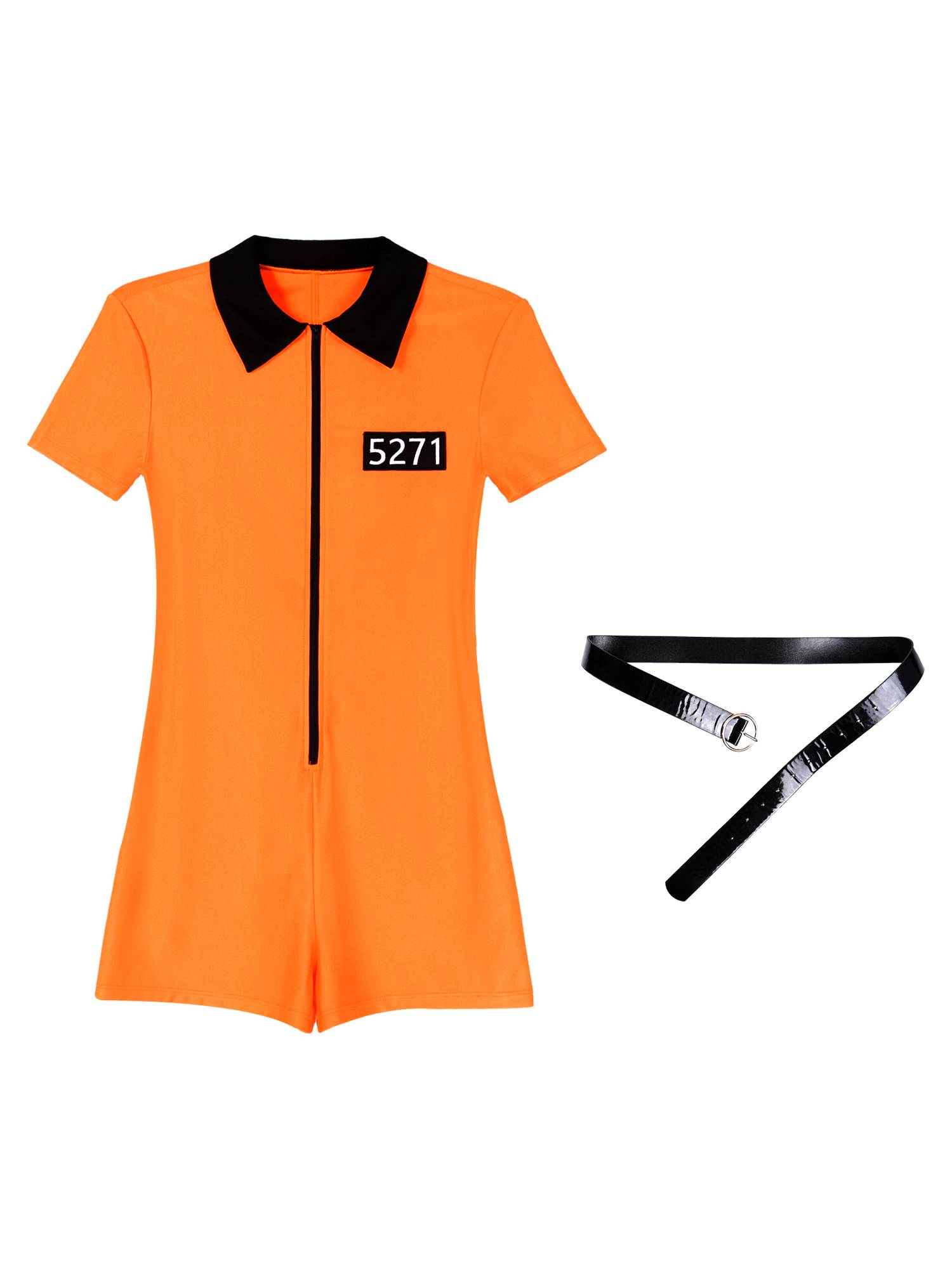 Women Short Sleeve Lapel Prisoner Cosplay Halloween Party Romper with Belt