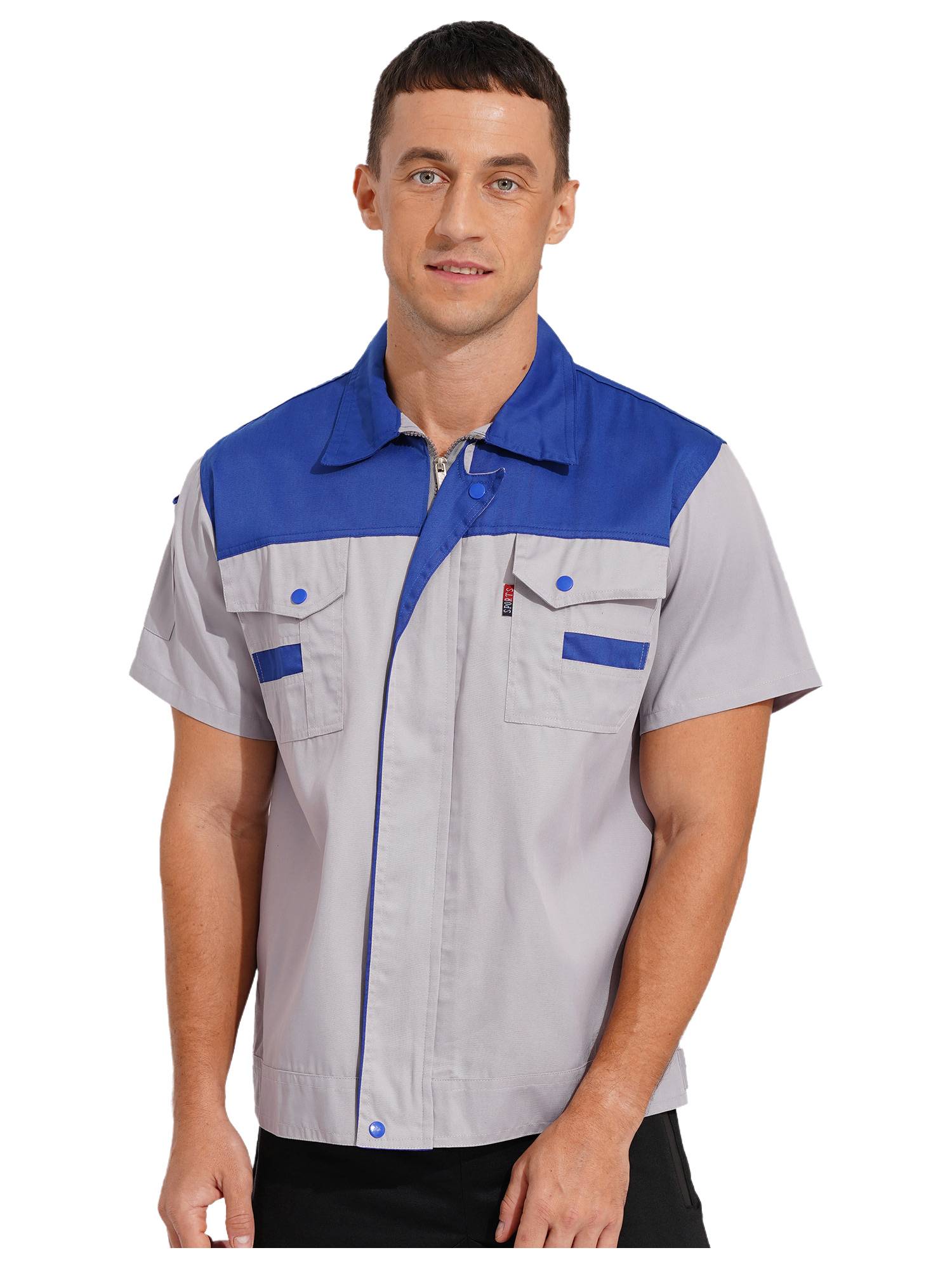 Men Color Block Short Sleeve Shirt Workers Uniform Mechanic Costume