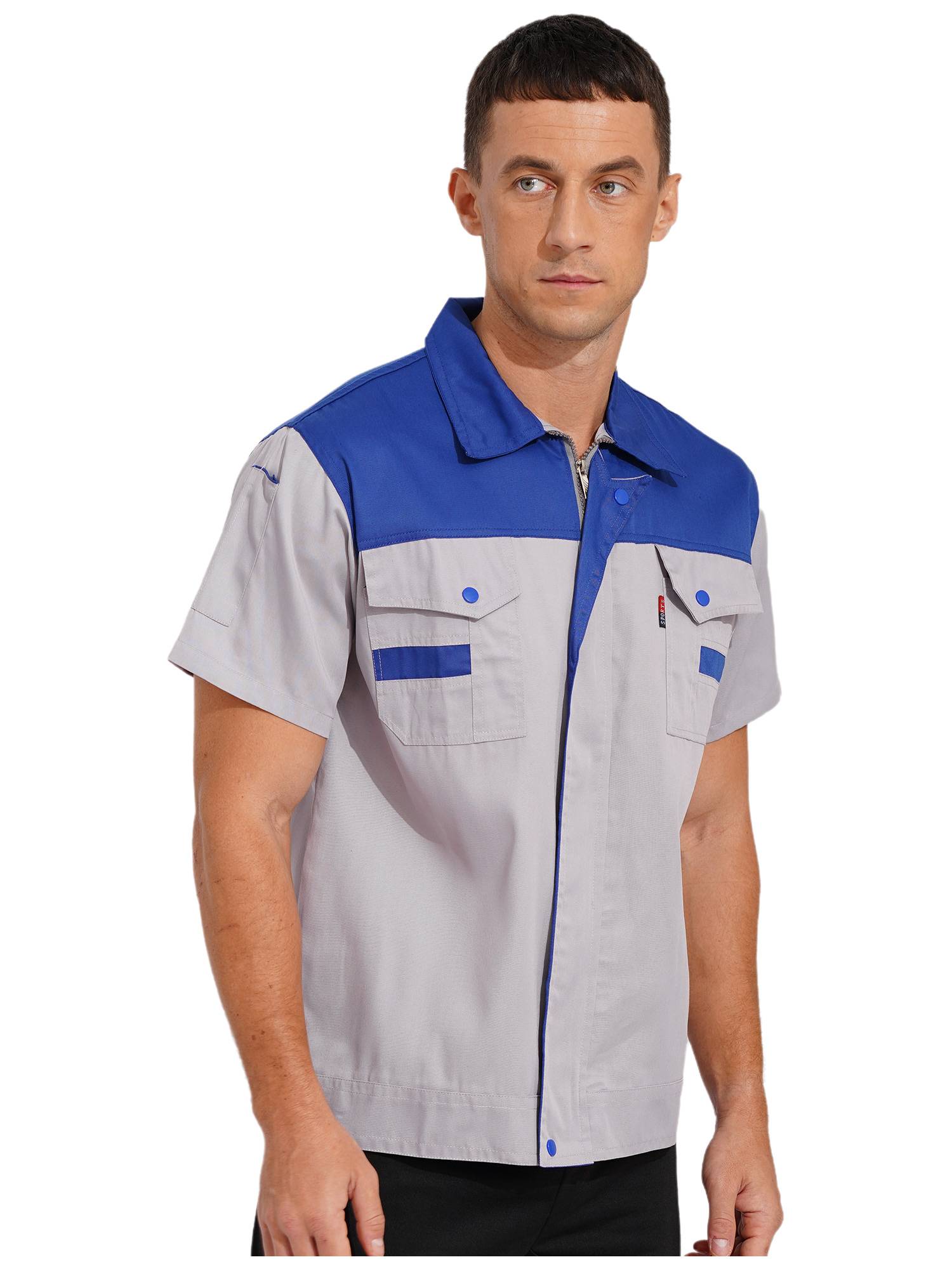 Men Color Block Short Sleeve Shirt Workers Uniform Mechanic Costume