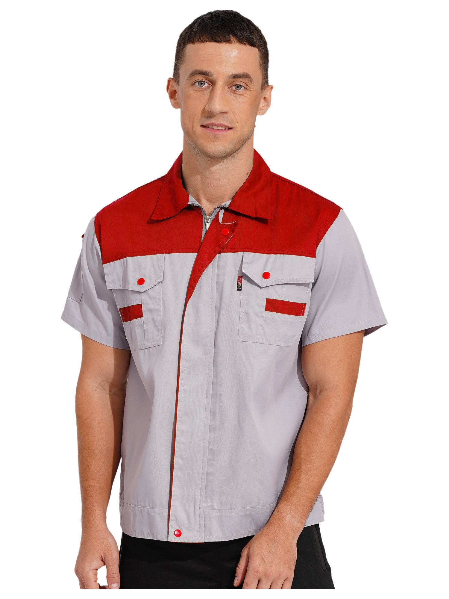 Men Color Block Short Sleeve Shirt Workers Uniform Mechanic Costume