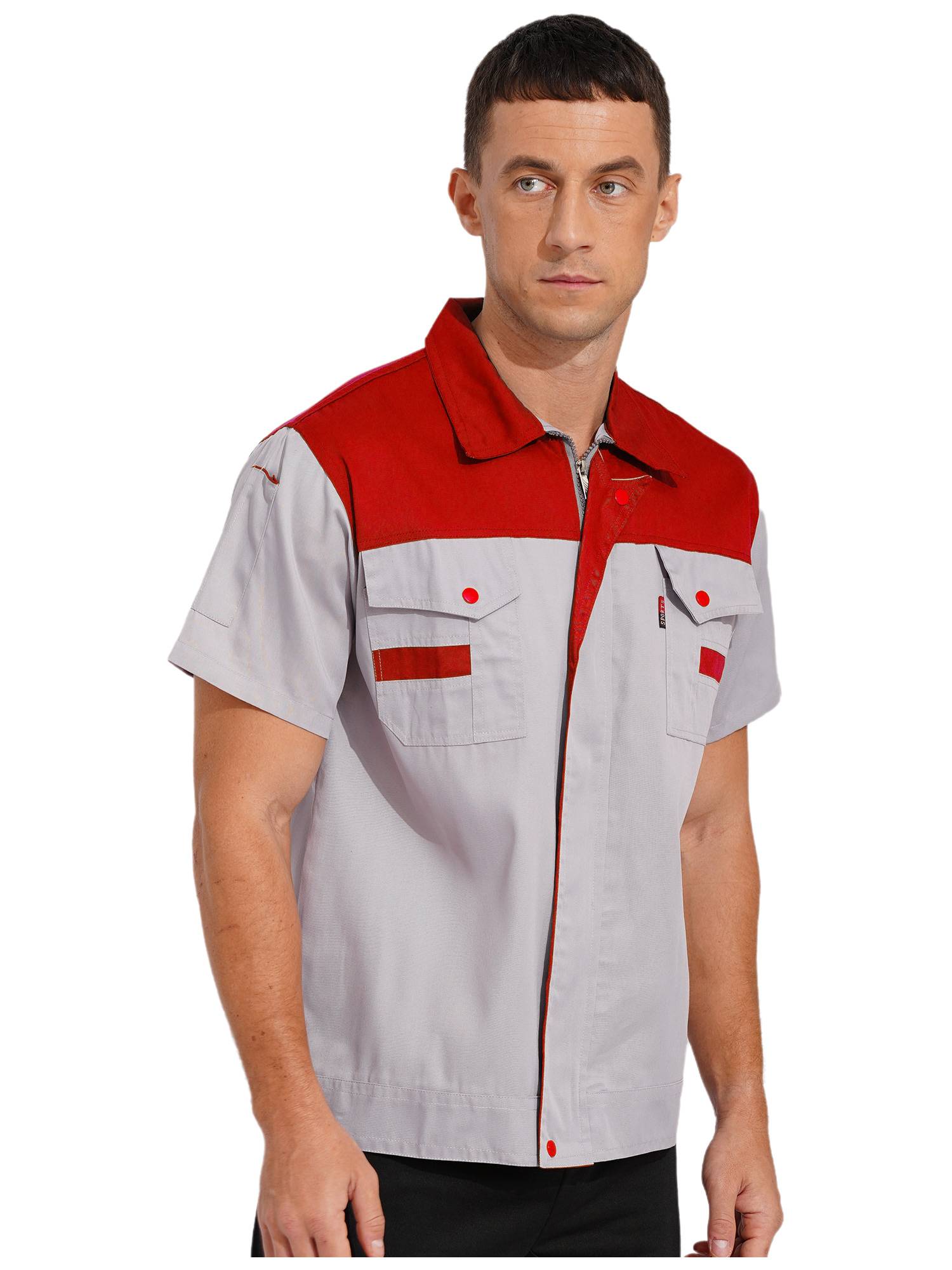 Men Color Block Short Sleeve Shirt Workers Uniform Mechanic Costume