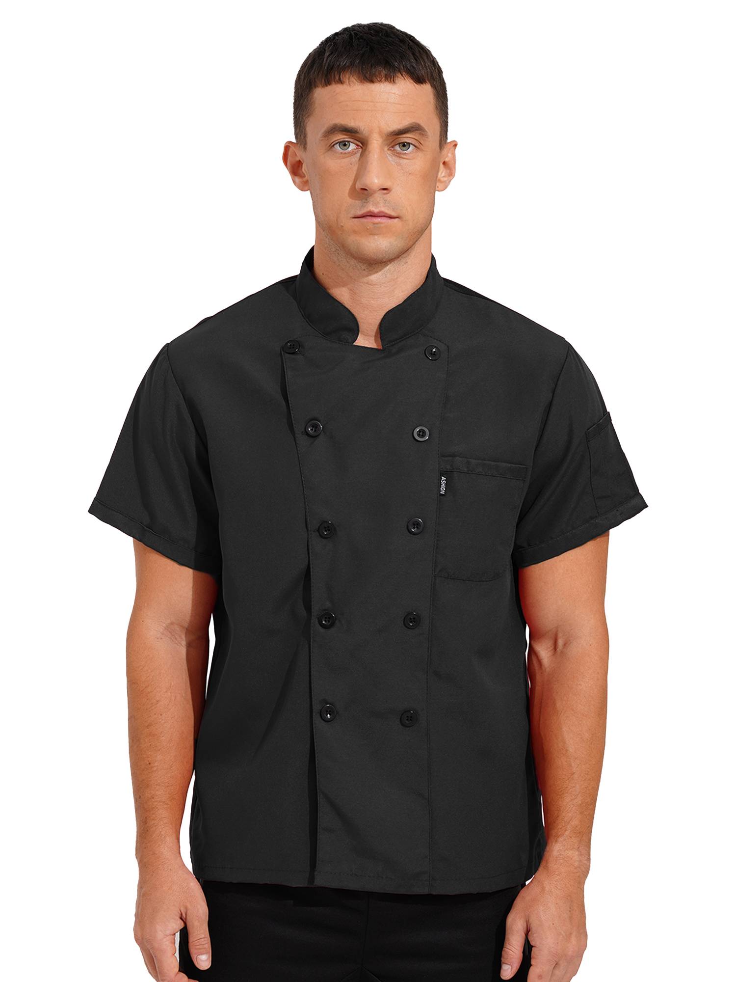 Men Short Sleeve Stand Collar Chef Coat Cook Uniform Shirt