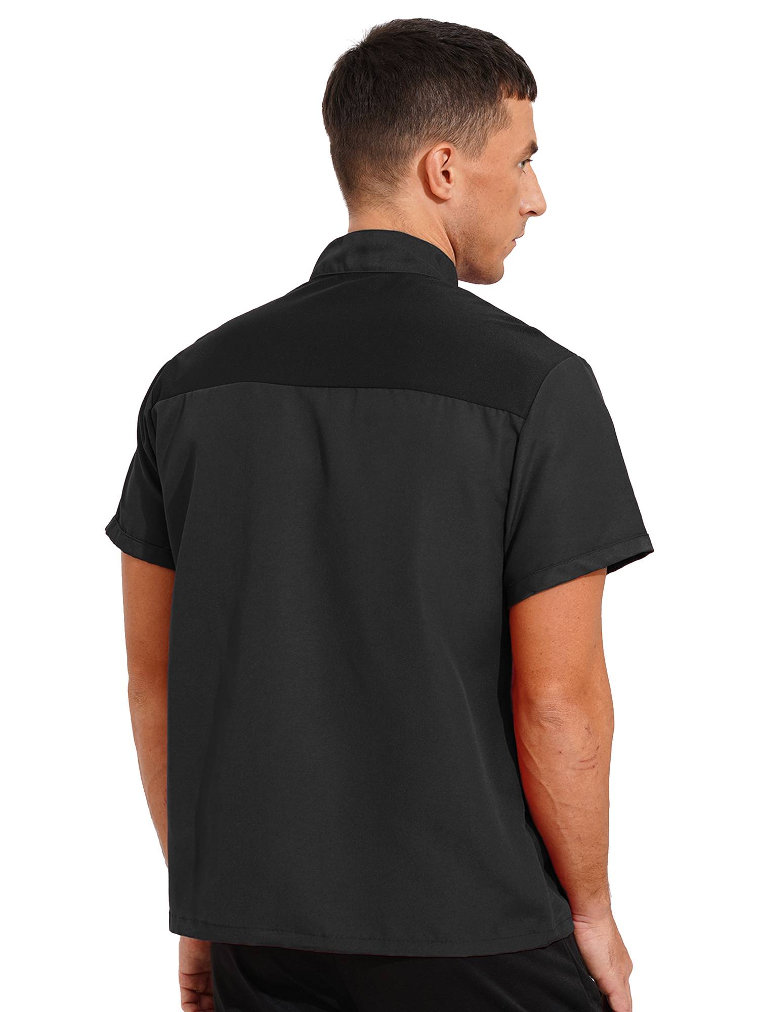 Men Short Sleeve Stand Collar Chef Coat Cook Uniform Shirt