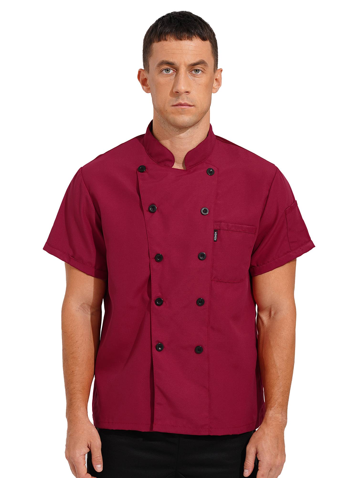 Men Short Sleeve Stand Collar Chef Coat Cook Uniform Shirt