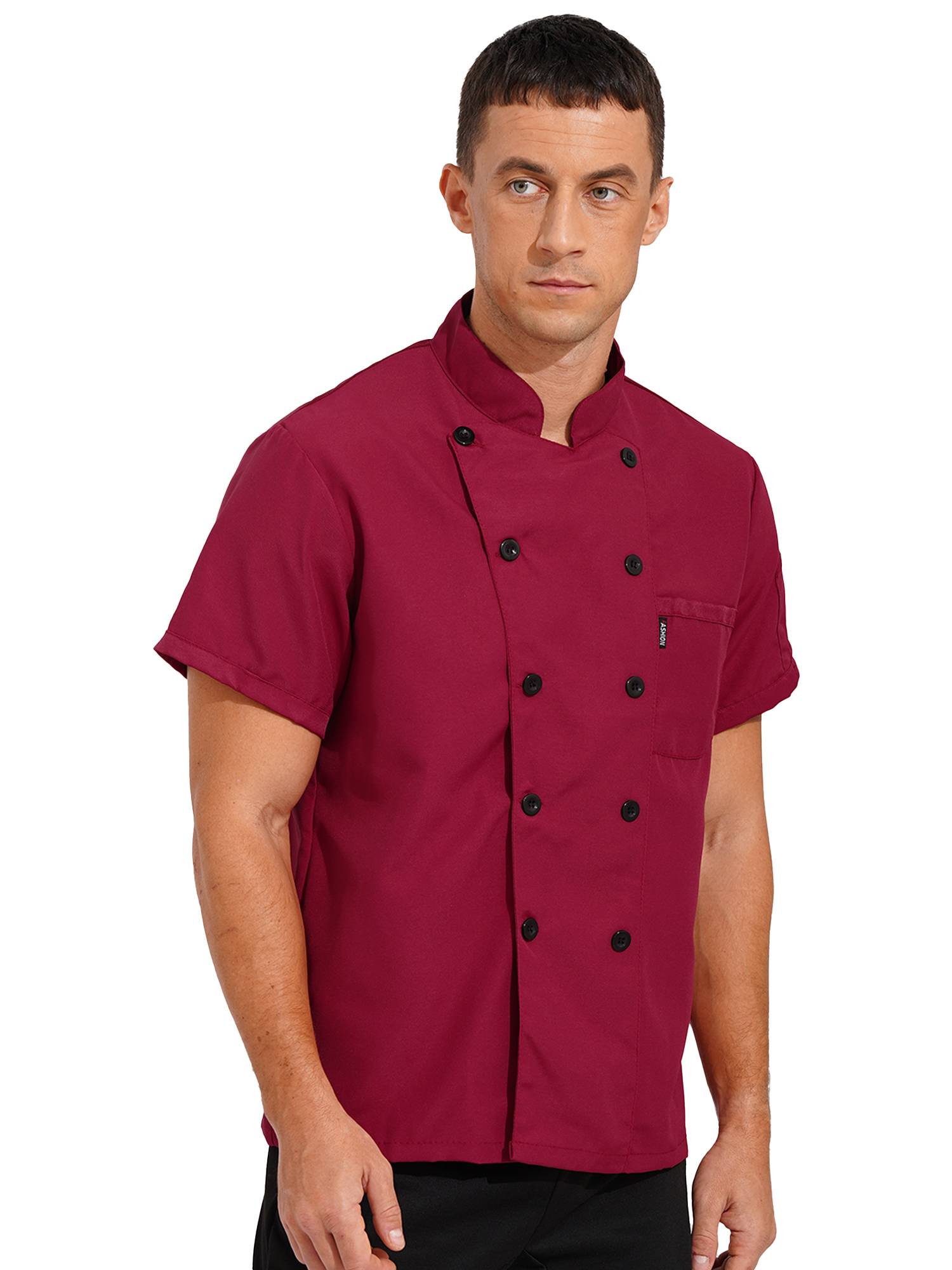 Men Short Sleeve Stand Collar Chef Coat Cook Uniform Shirt