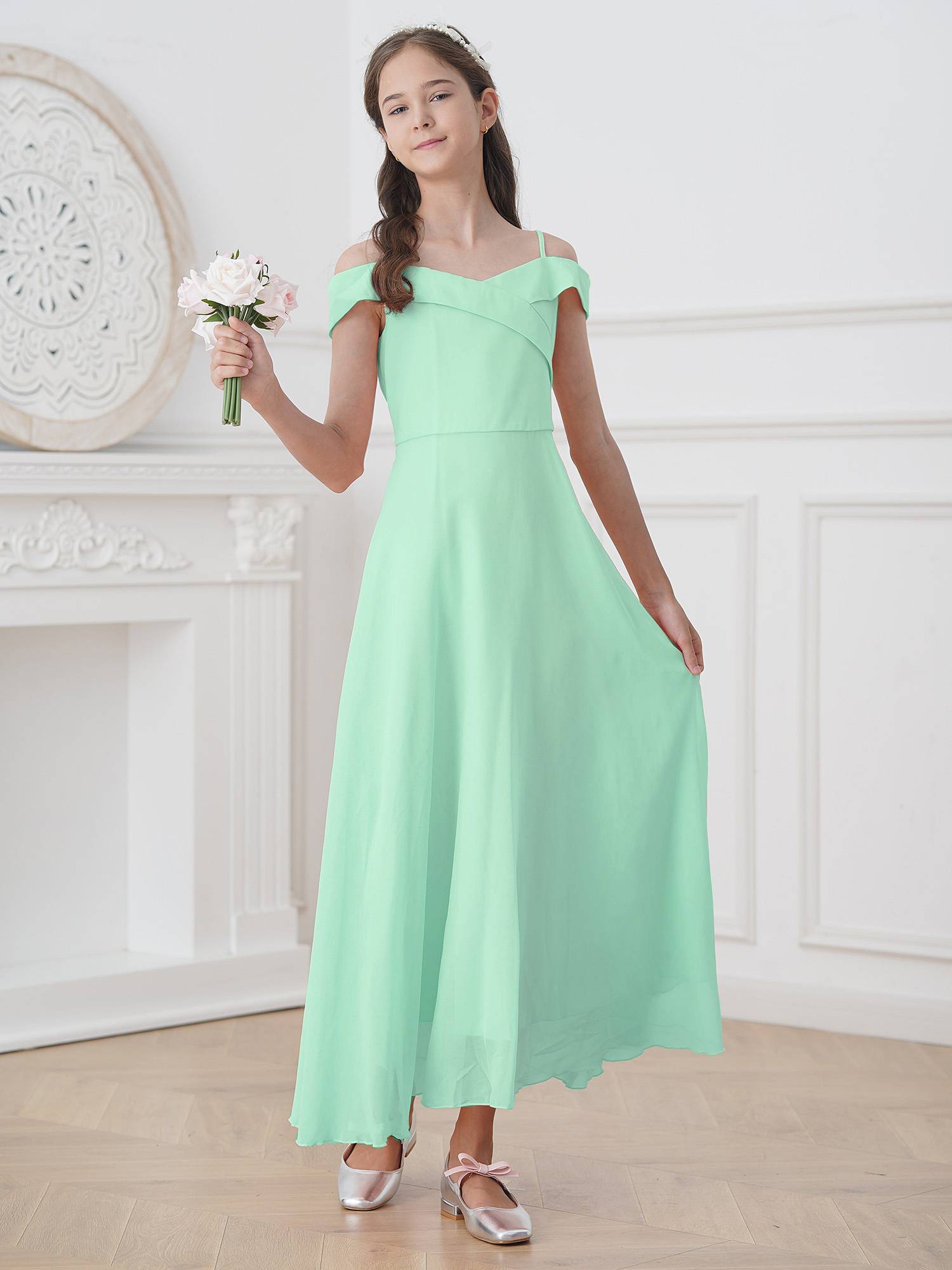 Kids Girls Chiffon Off-Shoulder Maxi Party Dress