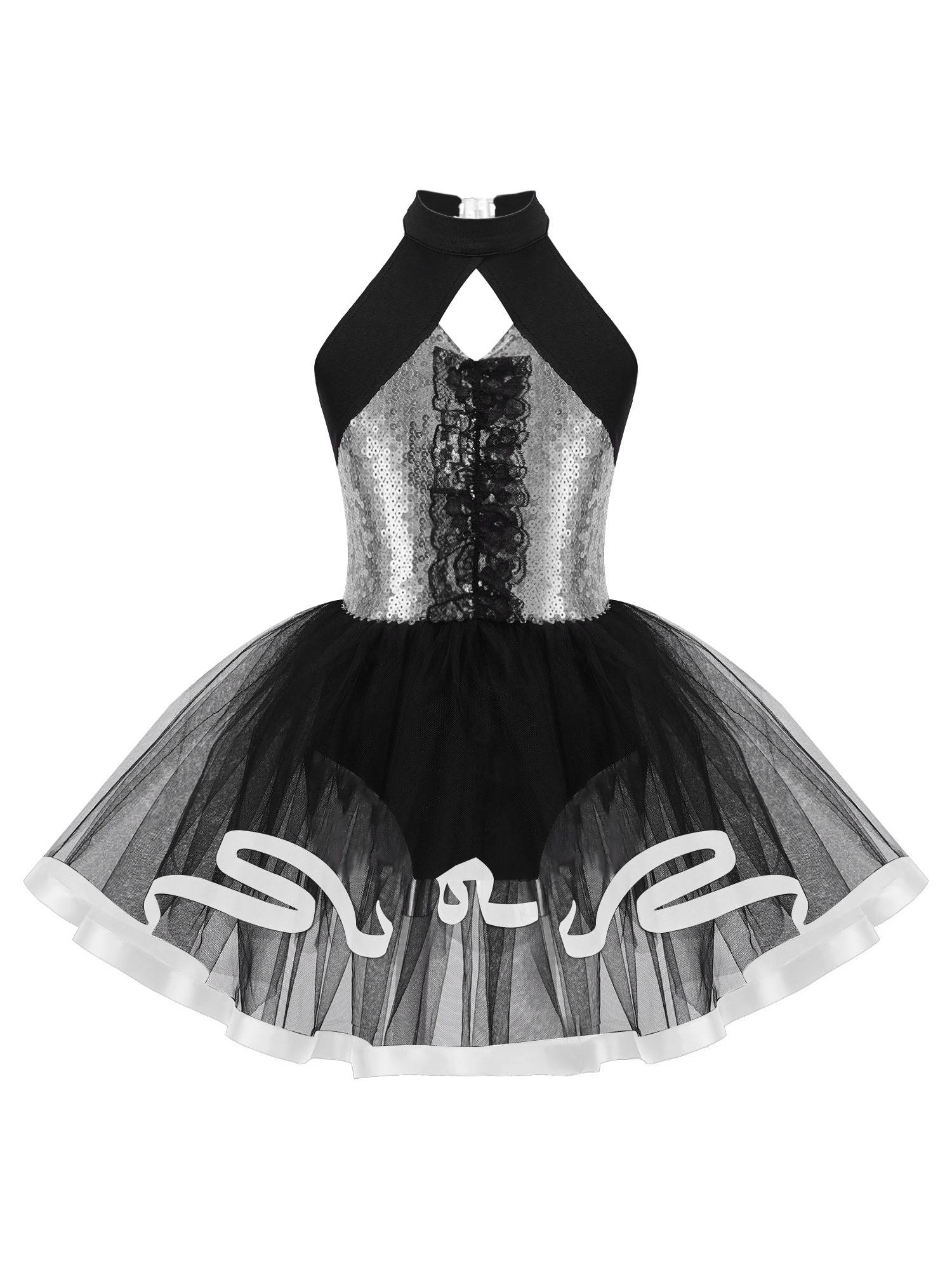 Kids Girls Sleeveless Sequins Ruffle Ballet Dance Leotard Tutu Dress