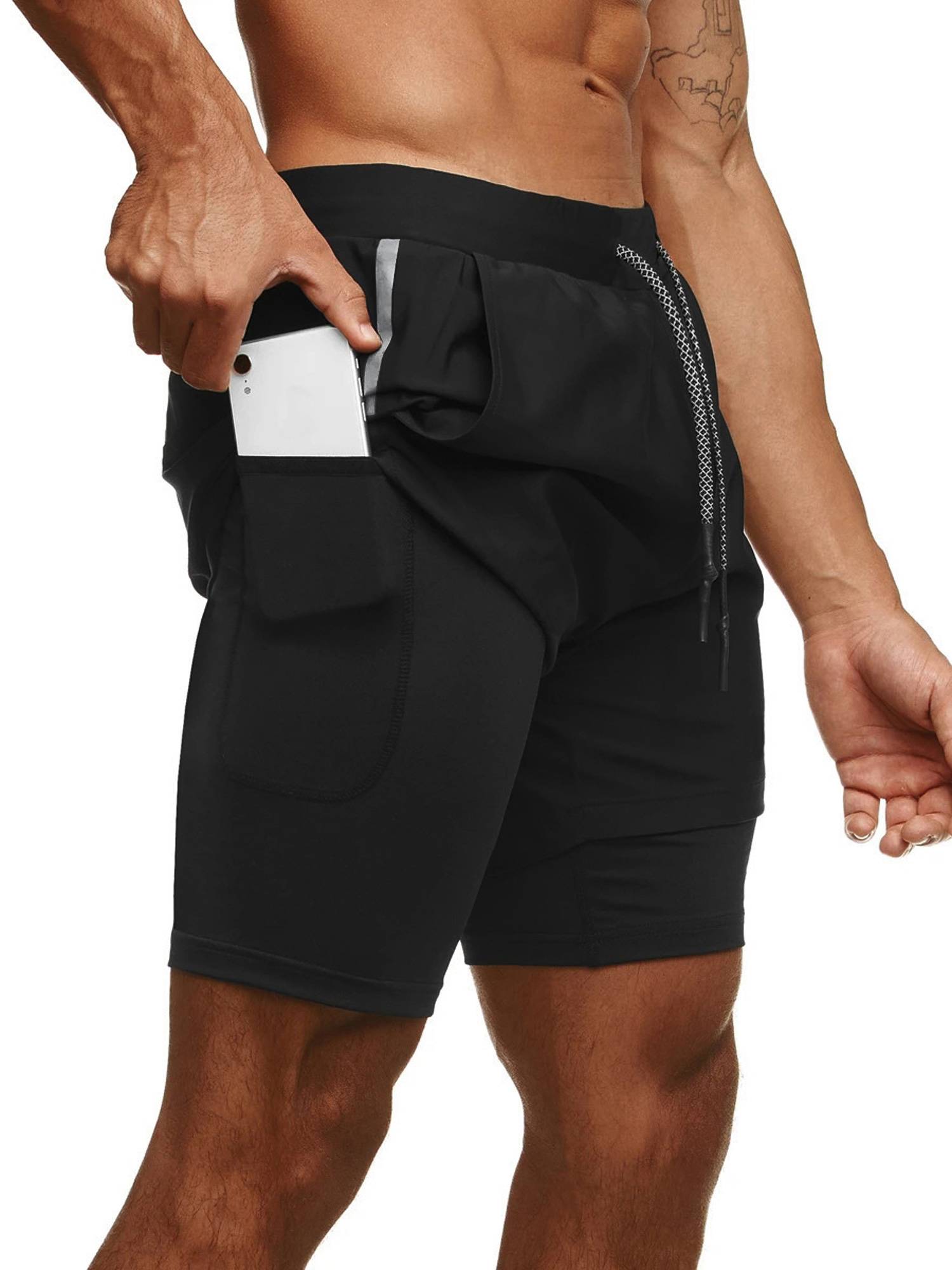 Men Double Layers Athletic Shorts with Side Pockets