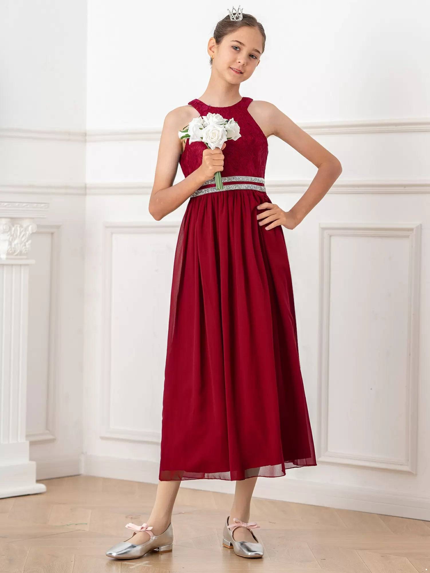 Kids Girls Halter Neck Floral Sequin Lace Dress