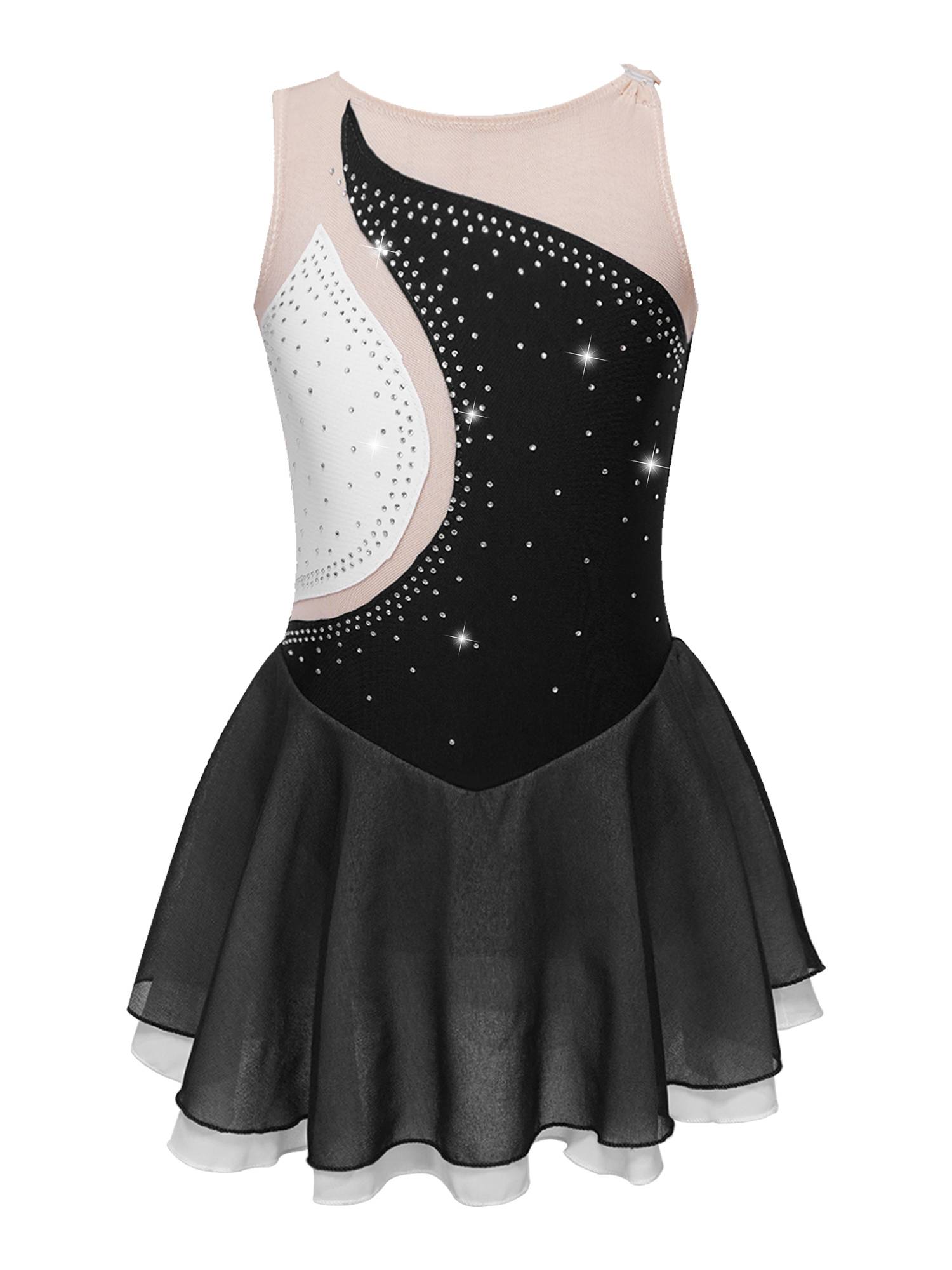 Kids Girls Sleeveless Rhinestone Figure Skating Dance Dress