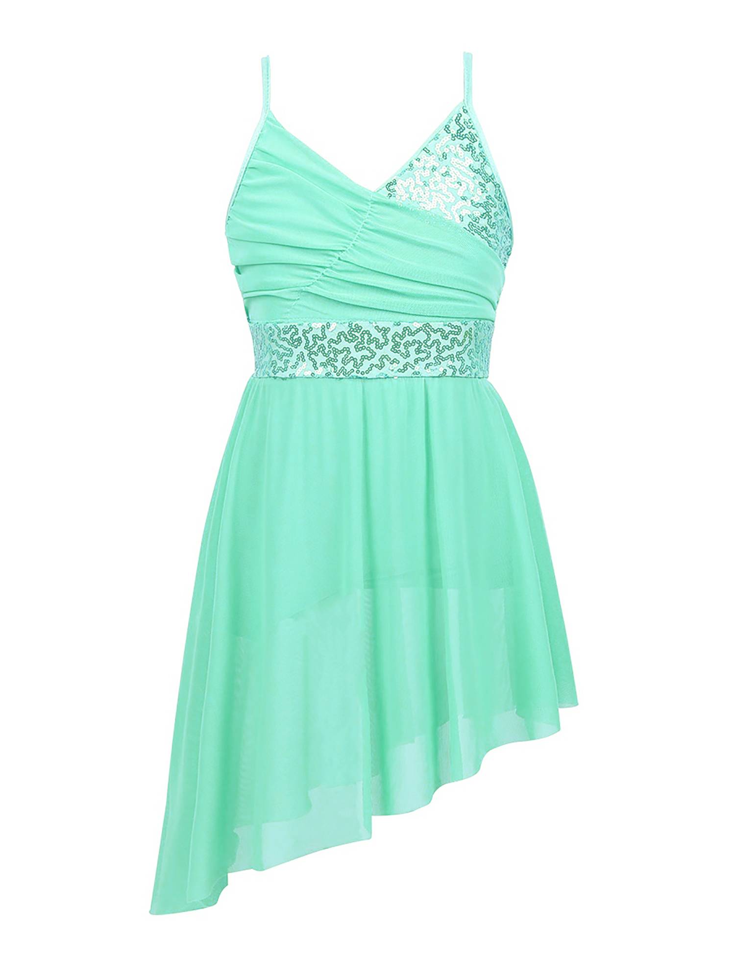 Kids Girls Straps V-Neck Sequined Latin Dance Dress