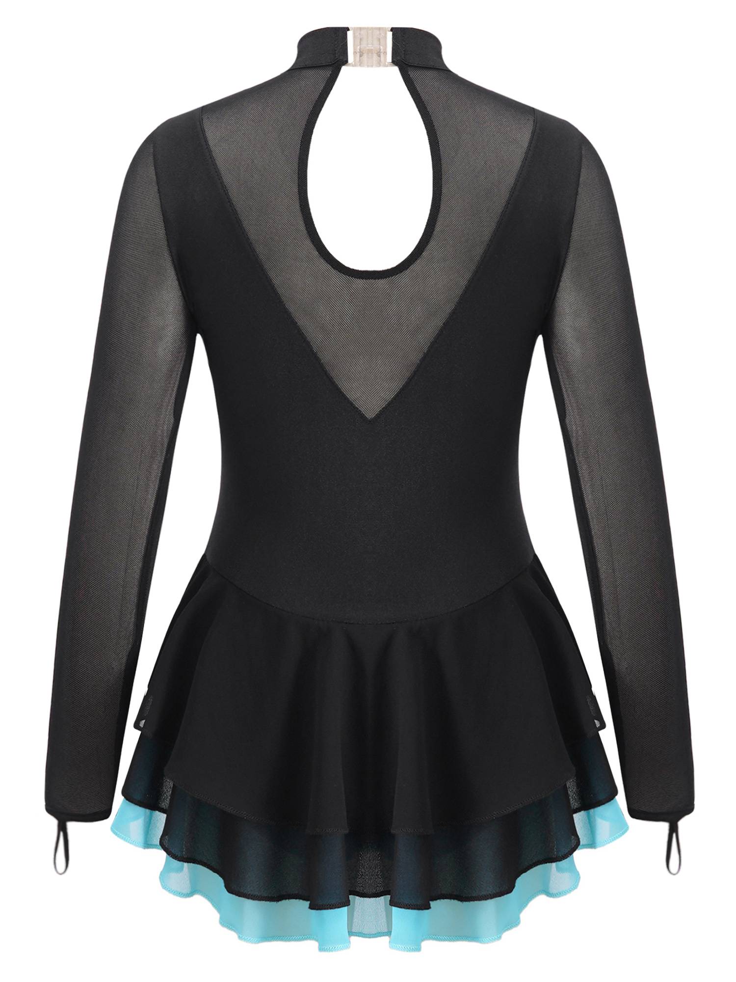 Kids Girls Long Sleeve Rhinestone Hollow Back Skating Dance Dress