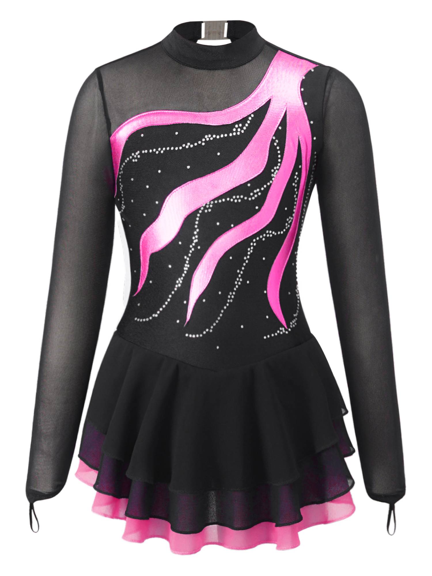 Kids Girls Long Sleeve Rhinestone Hollow Back Skating Dance Dress
