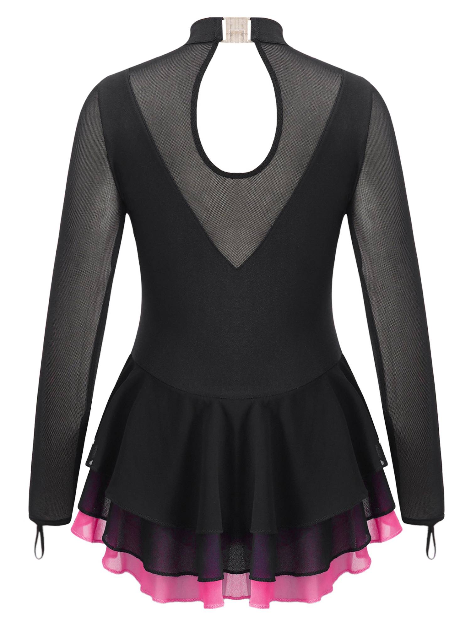 Kids Girls Long Sleeve Rhinestone Hollow Back Skating Dance Dress