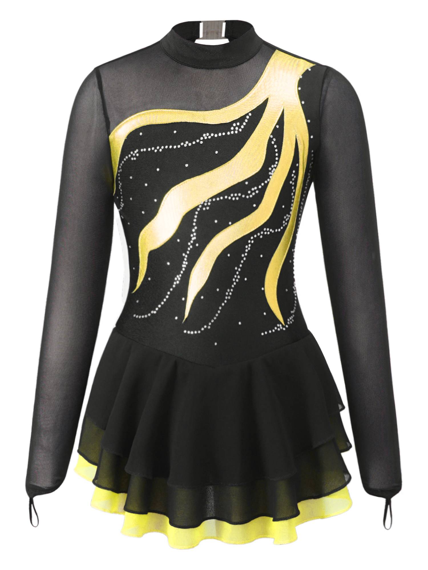 Kids Girls Long Sleeve Rhinestone Hollow Back Skating Dance Dress