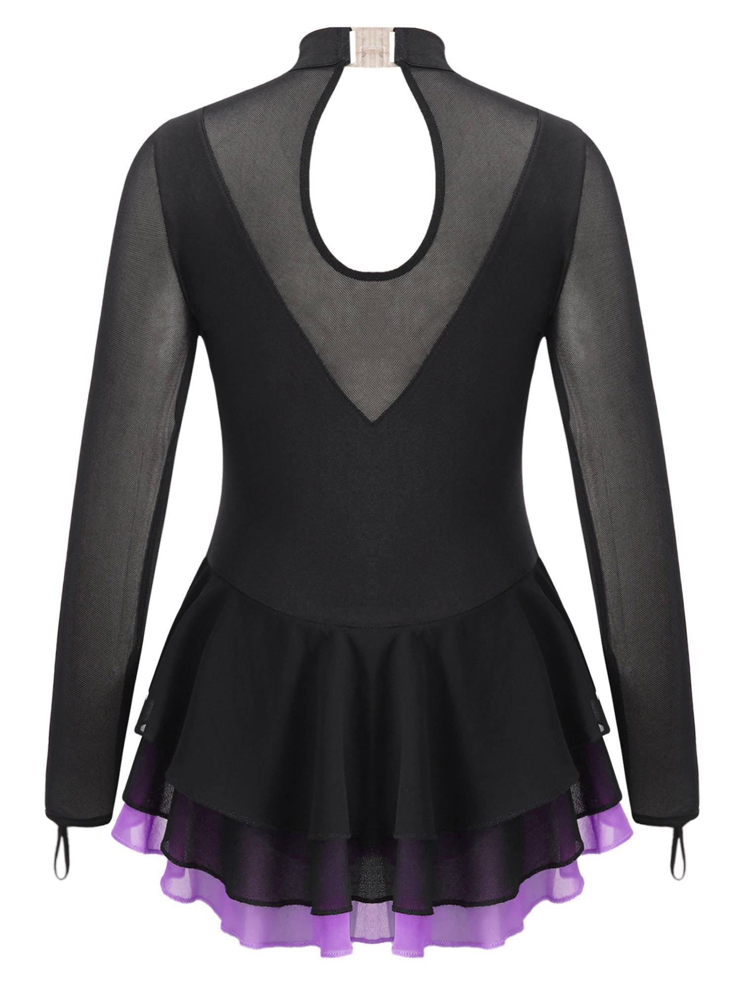 Kids Girls Long Sleeve Rhinestone Hollow Back Skating Dance Dress