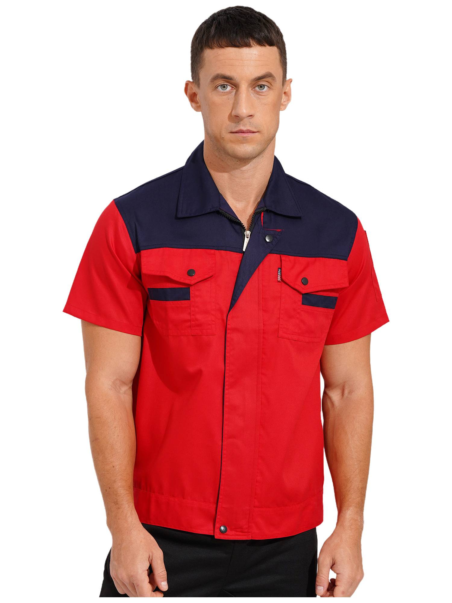Men Color Block Short Sleeve Shirt Workers Uniform Mechanic Costume