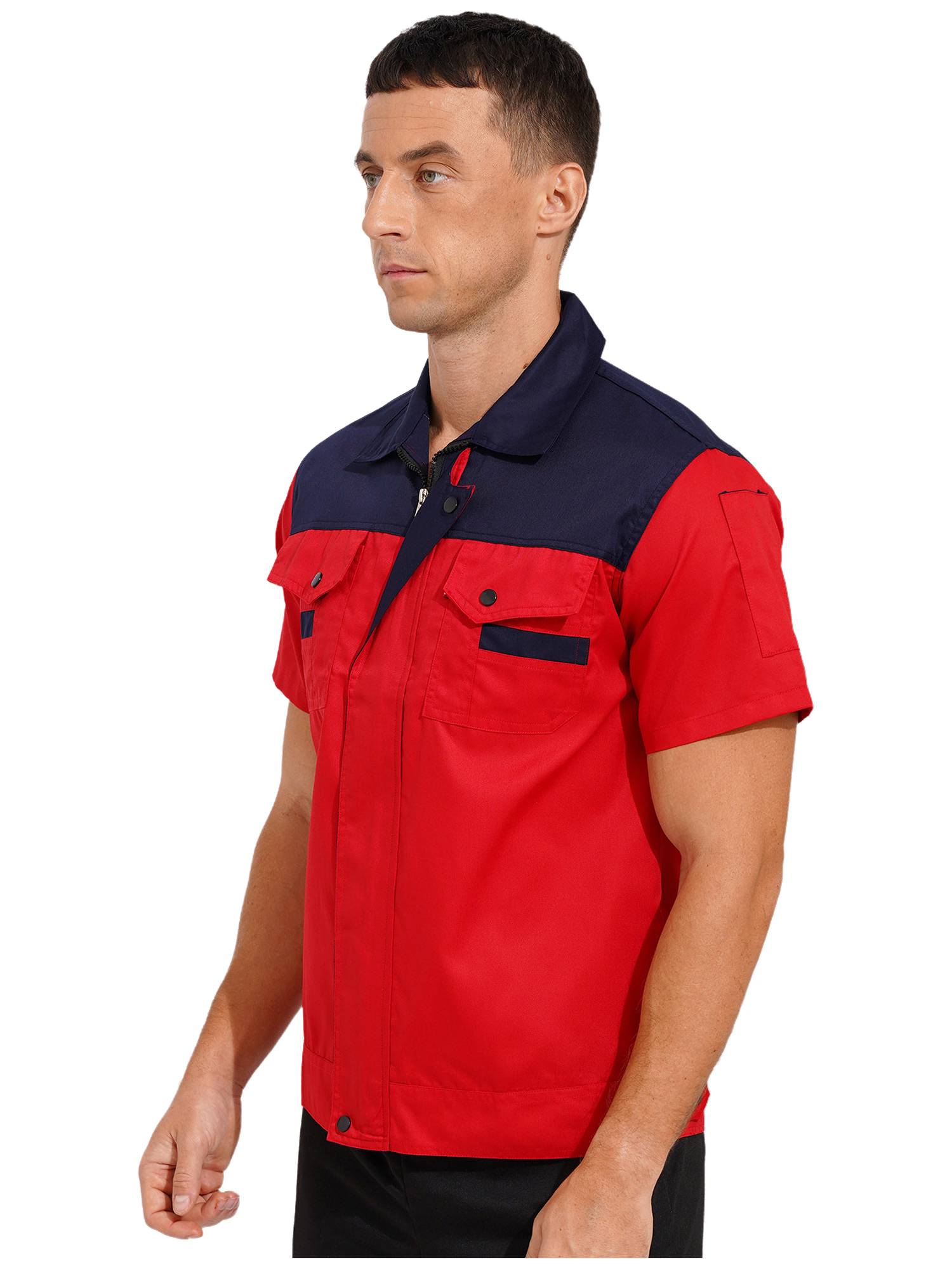 Men Color Block Short Sleeve Shirt Workers Uniform Mechanic Costume