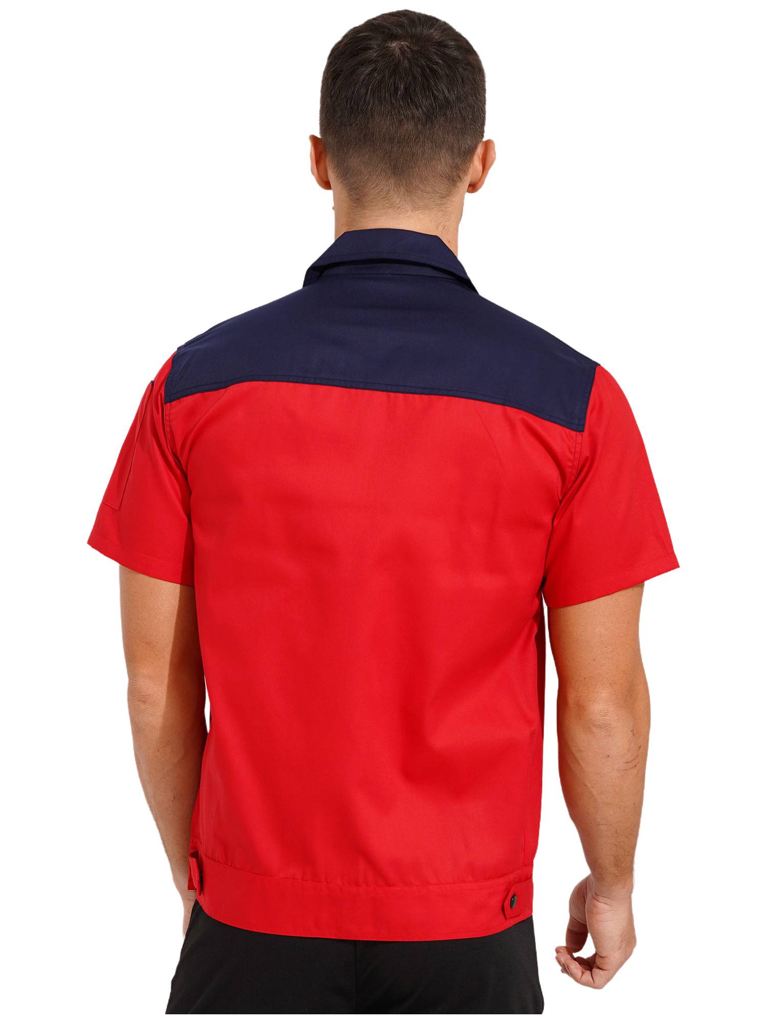Men Color Block Short Sleeve Shirt Workers Uniform Mechanic Costume