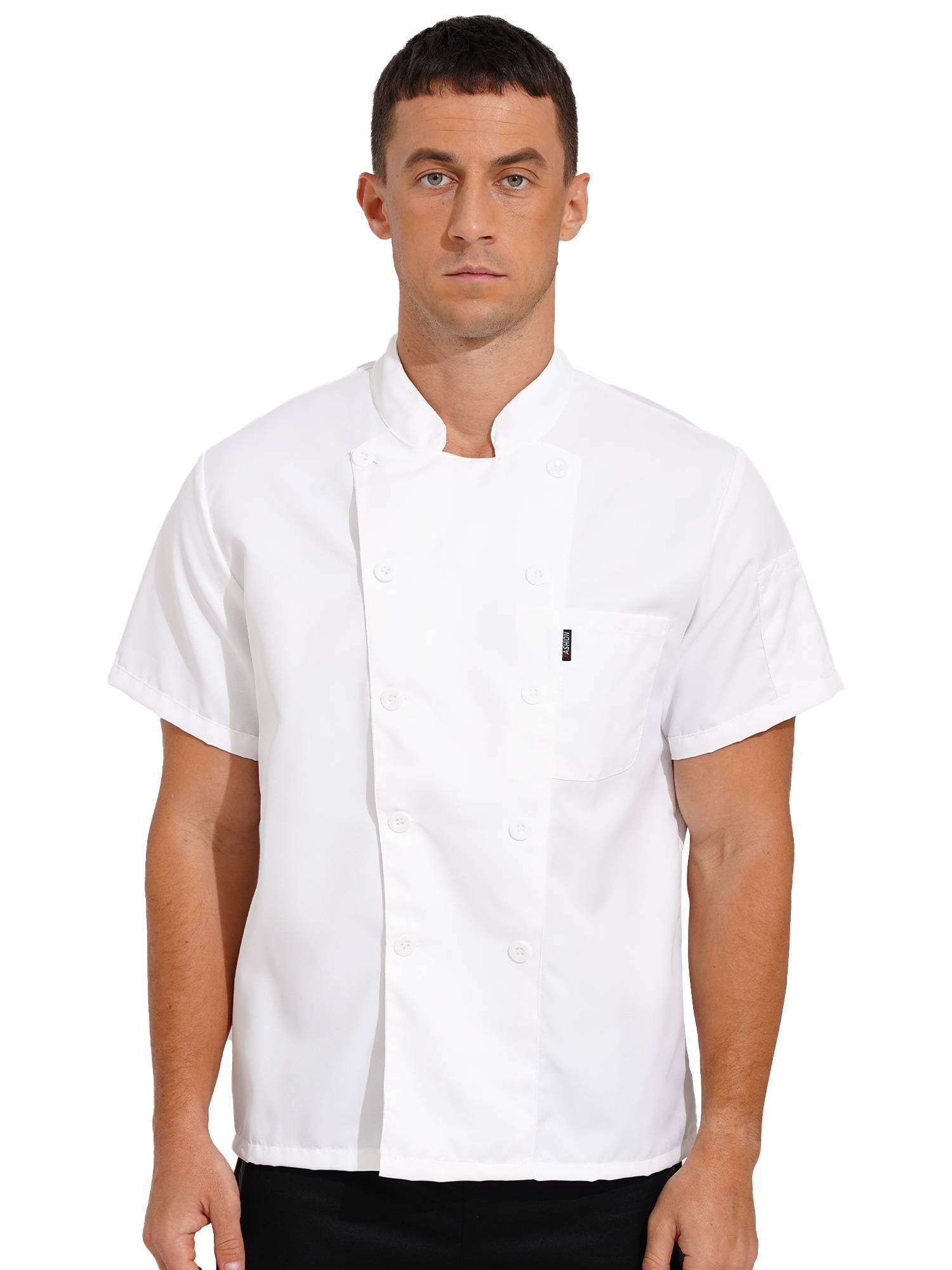 Men Short Sleeve Stand Collar Chef Coat Cook Uniform Shirt