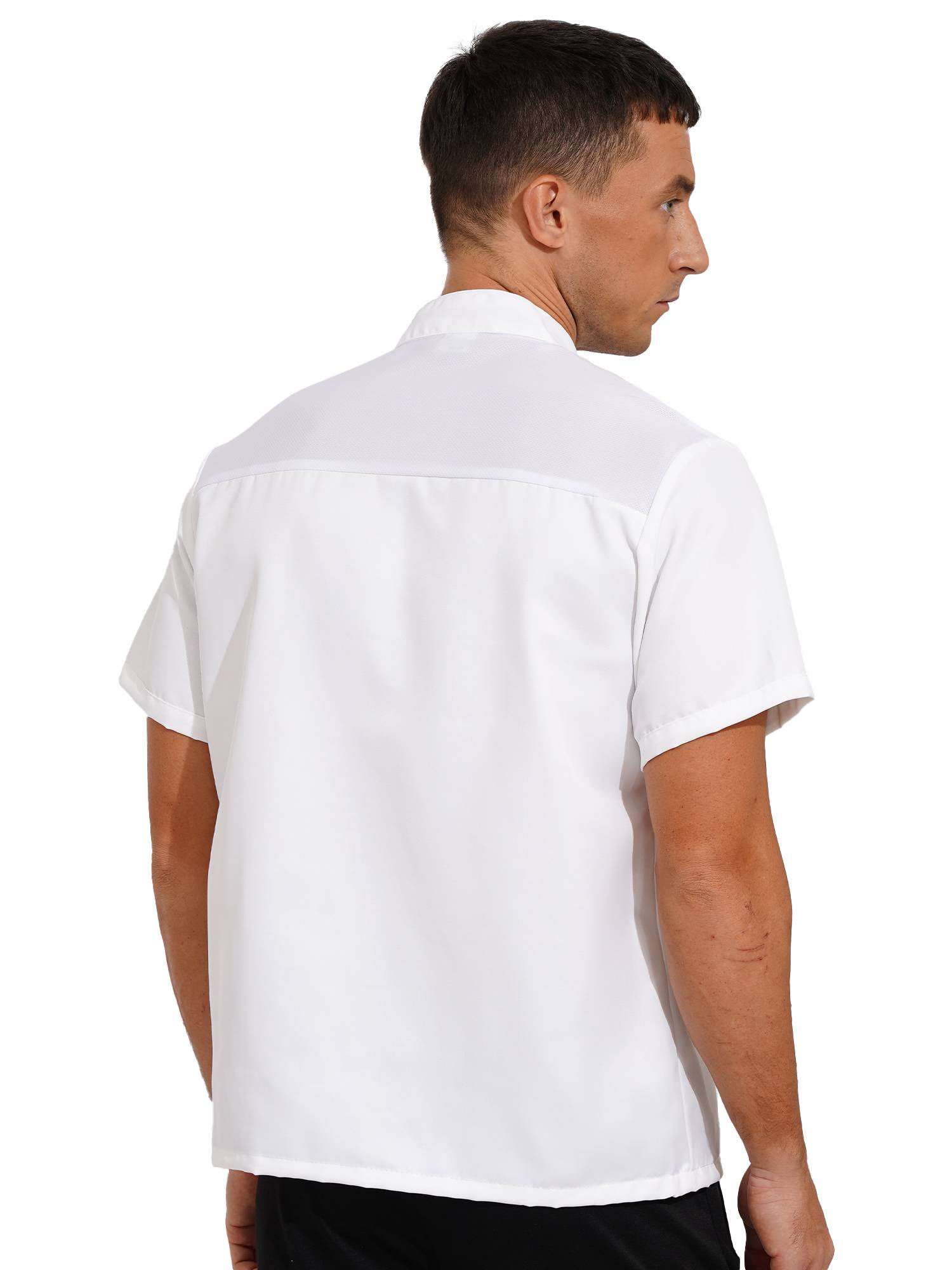 Men Short Sleeve Stand Collar Chef Coat Cook Uniform Shirt