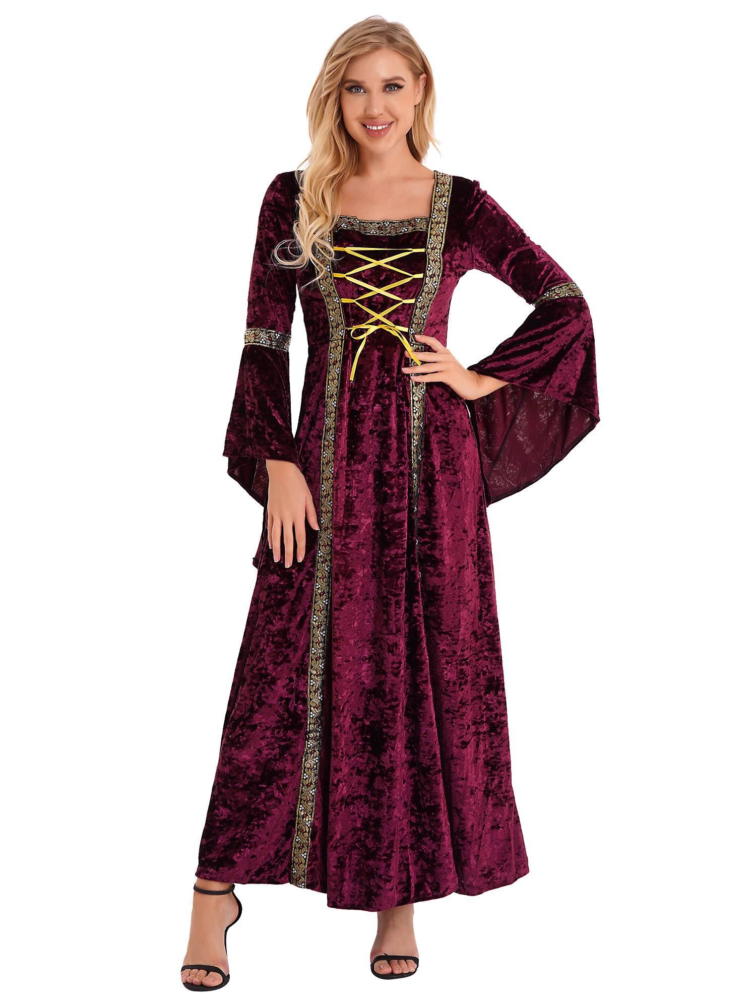 Women Renaissance Medieval Long Sleeve Lace-up Velvet Maxi Dress