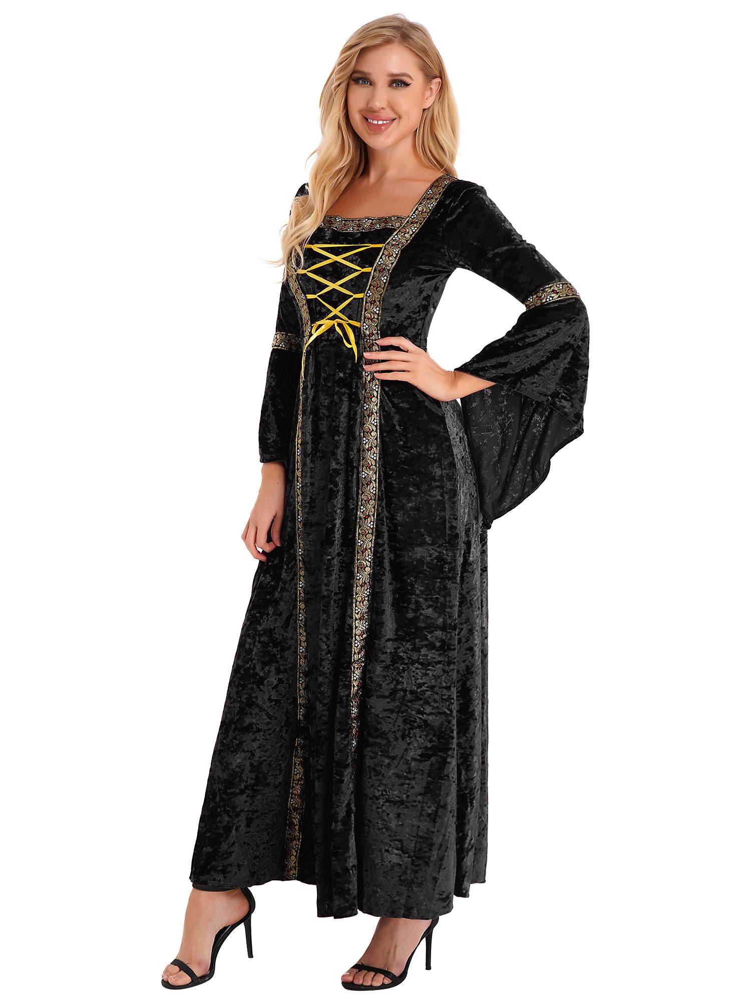 Women Renaissance Medieval Long Sleeve Lace-up Velvet Maxi Dress