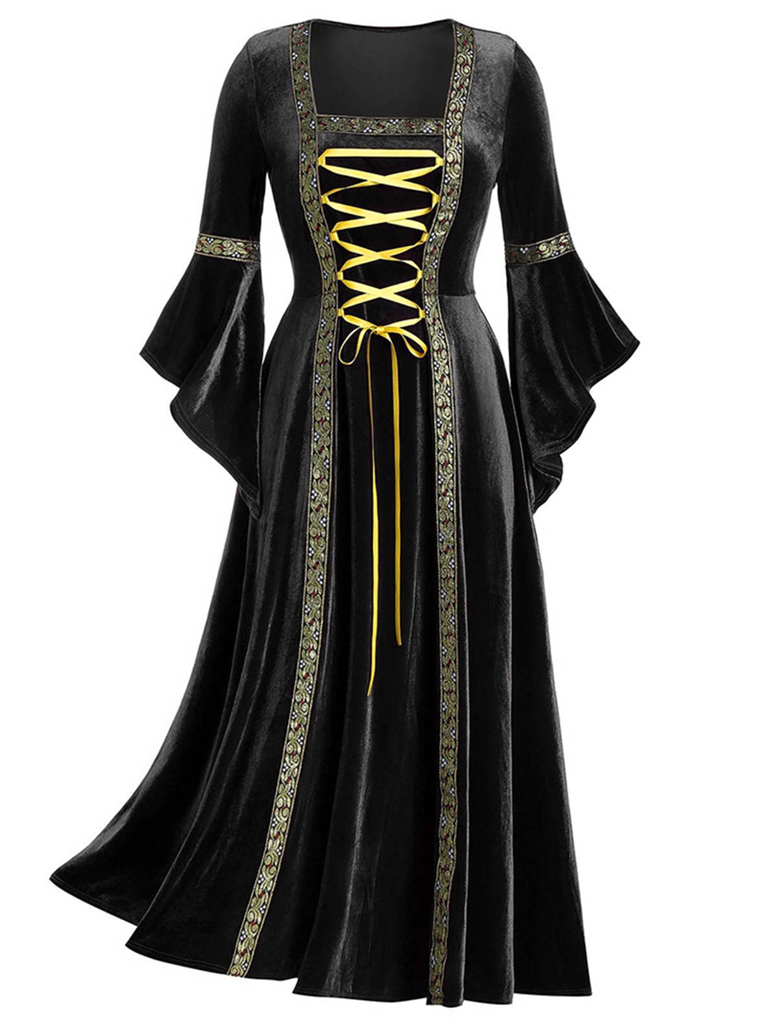 Women Renaissance Medieval Long Sleeve Lace-up Velvet Maxi Dress