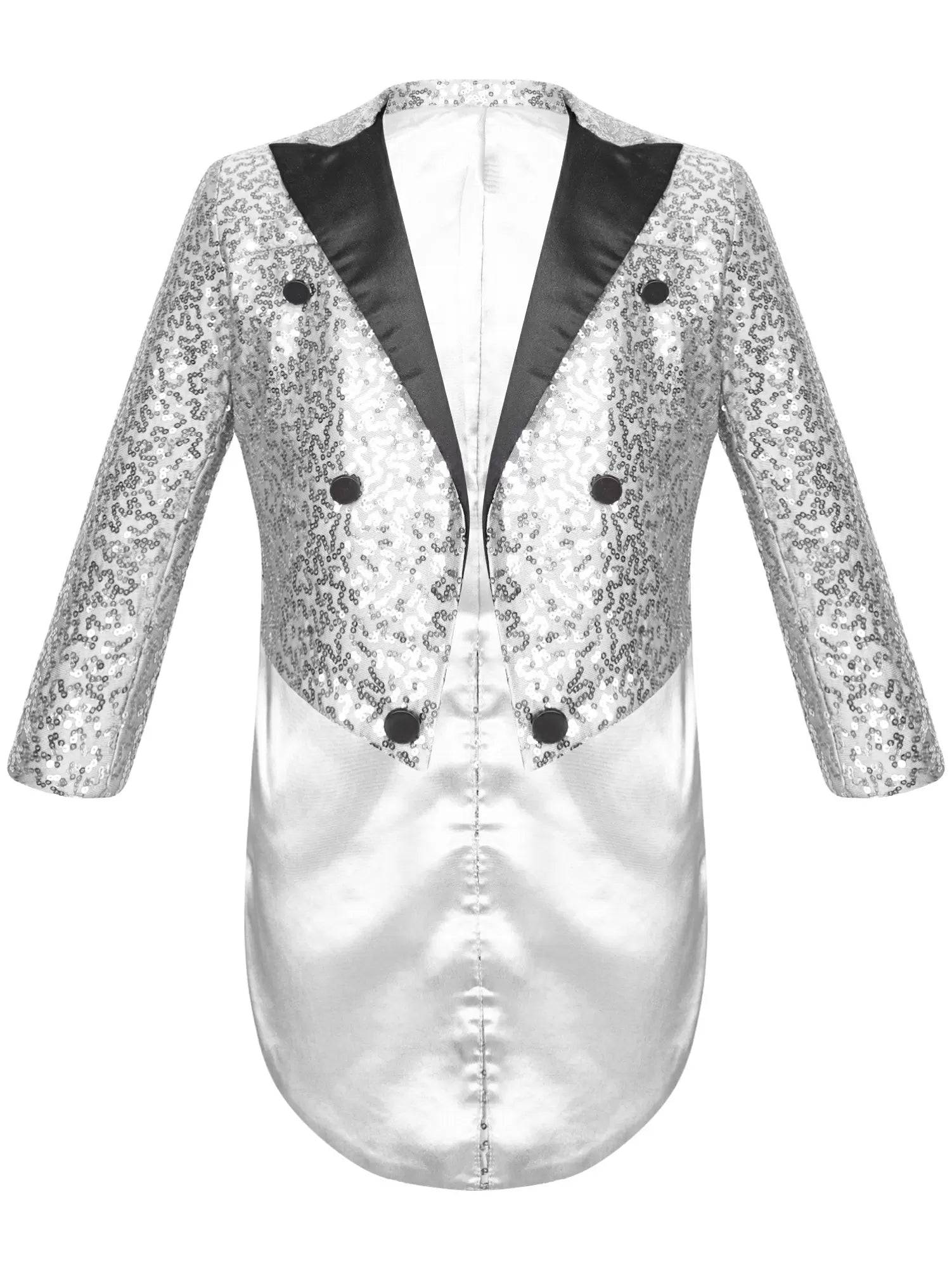 Kids Boys Full Sequin Tailcoat Lapel Open Front Blazer