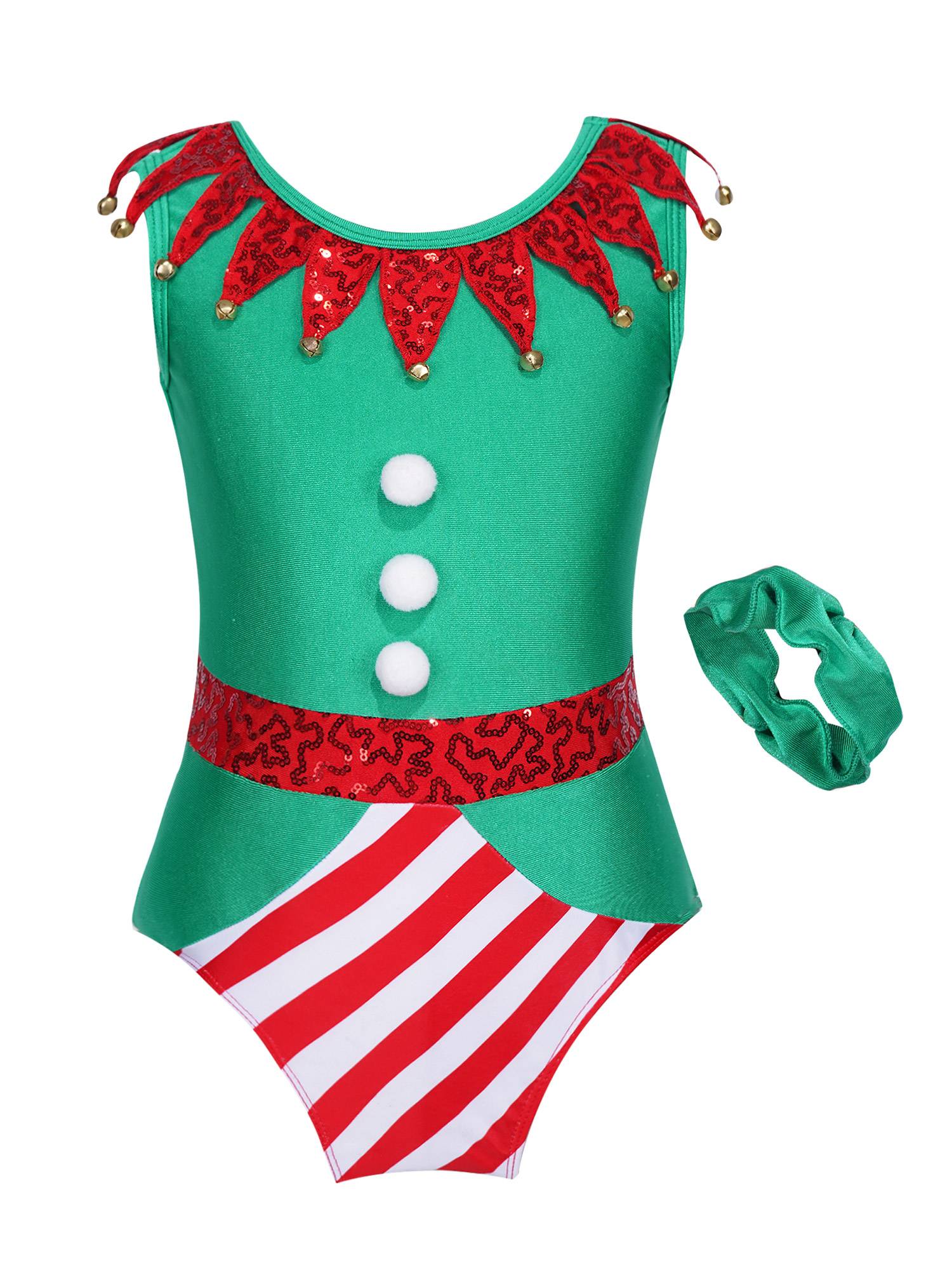 Kids Girls Christmas Elf Bell Pom Sleeveless Sequin Bodysuit with Headband