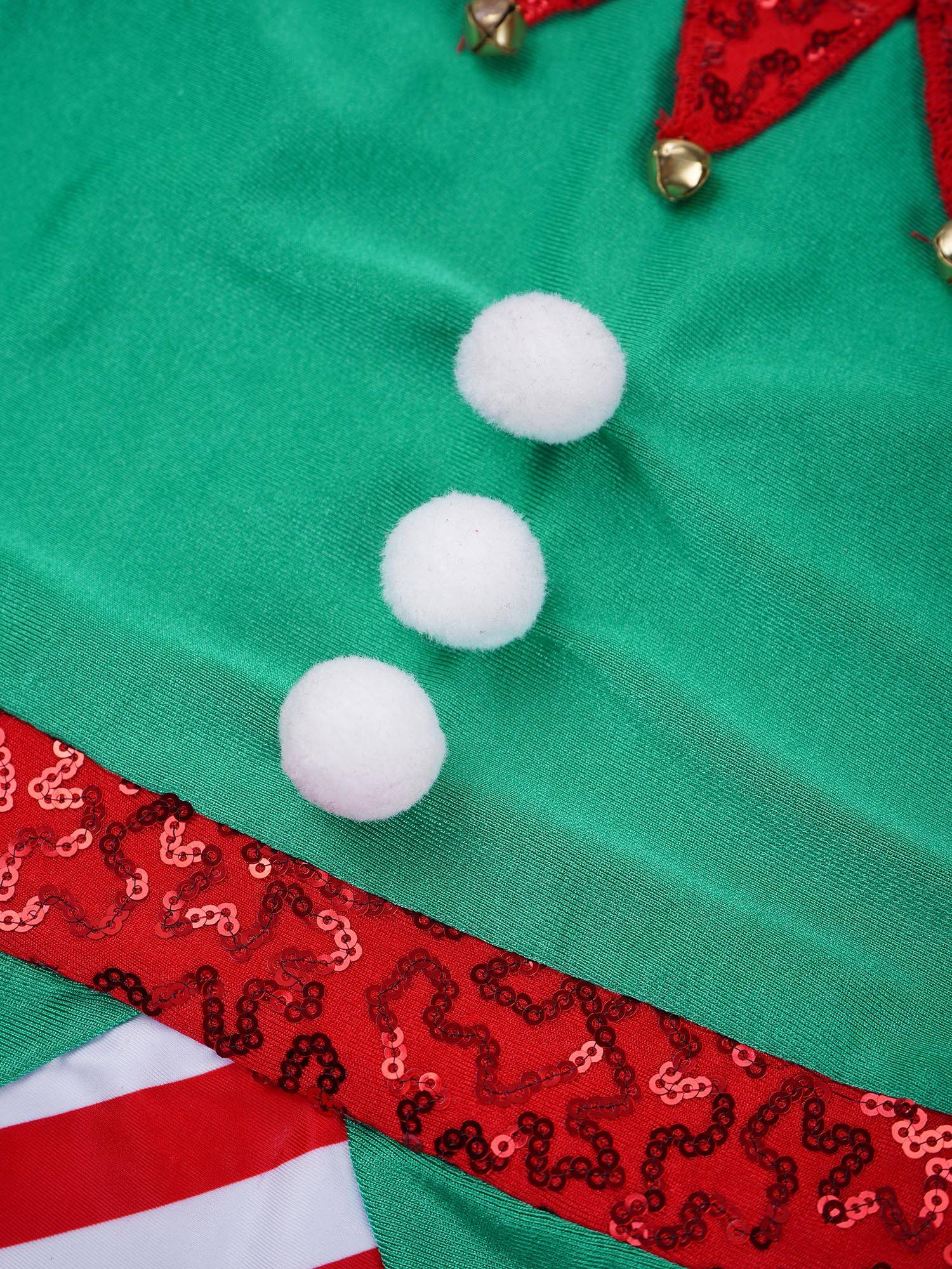 Kids Girls Christmas Elf Bell Pom Sleeveless Sequin Bodysuit with Headband