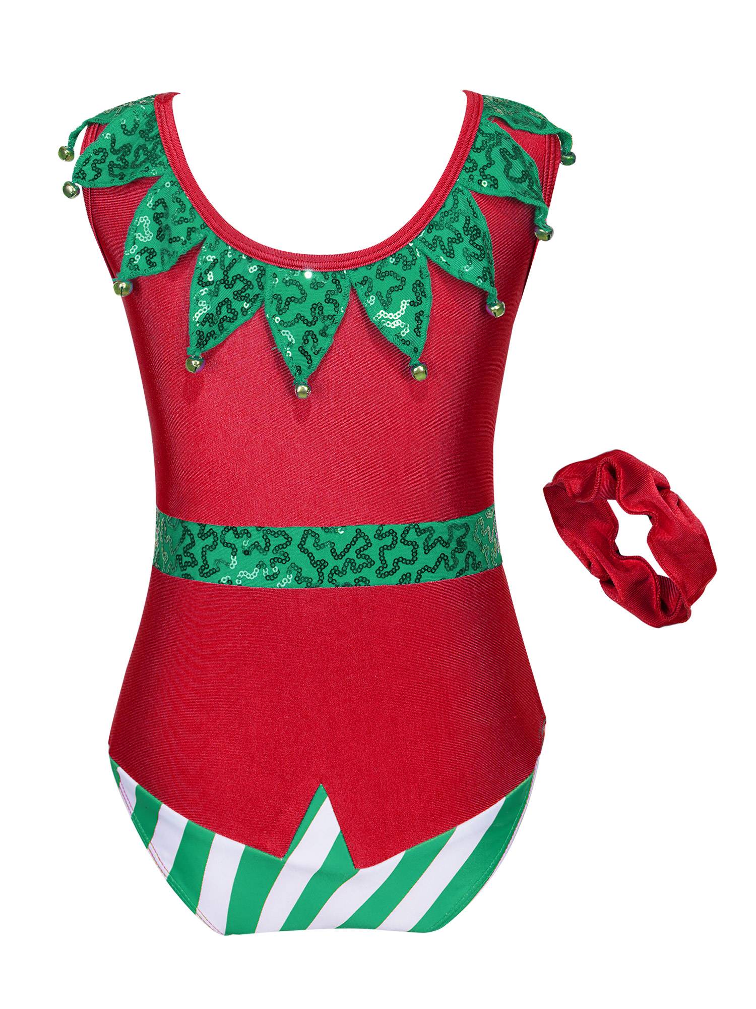 Kids Girls Christmas Elf Bell Pom Sleeveless Sequin Bodysuit with Headband
