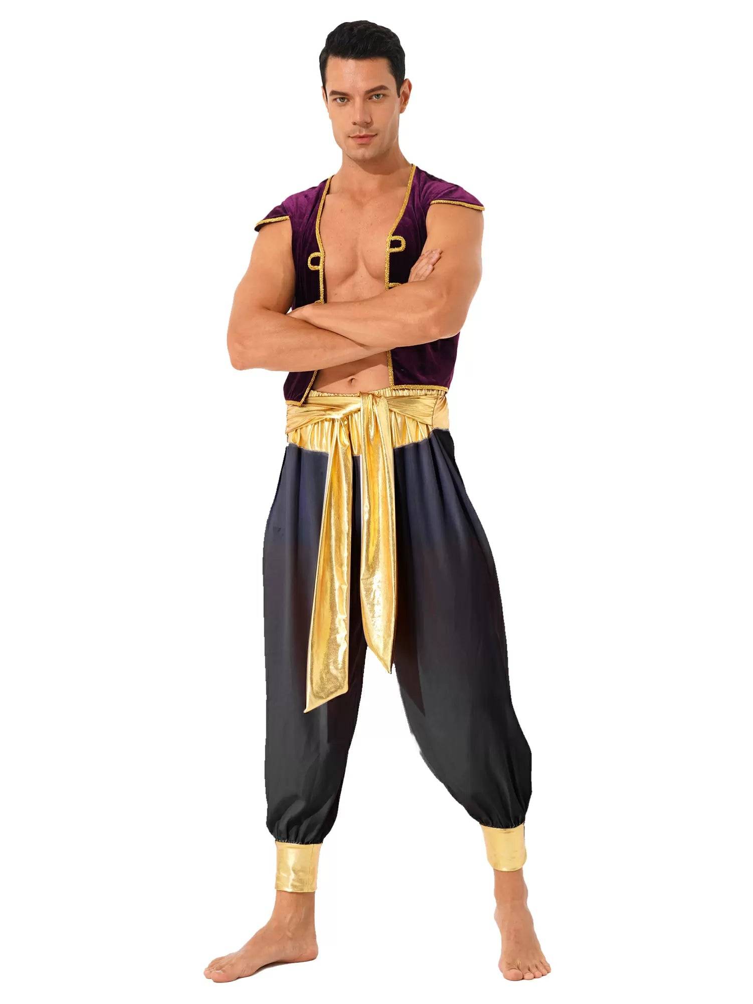 Men 2pcs Arabian Prince Costume Cap Sleeve Vest and Pants Set