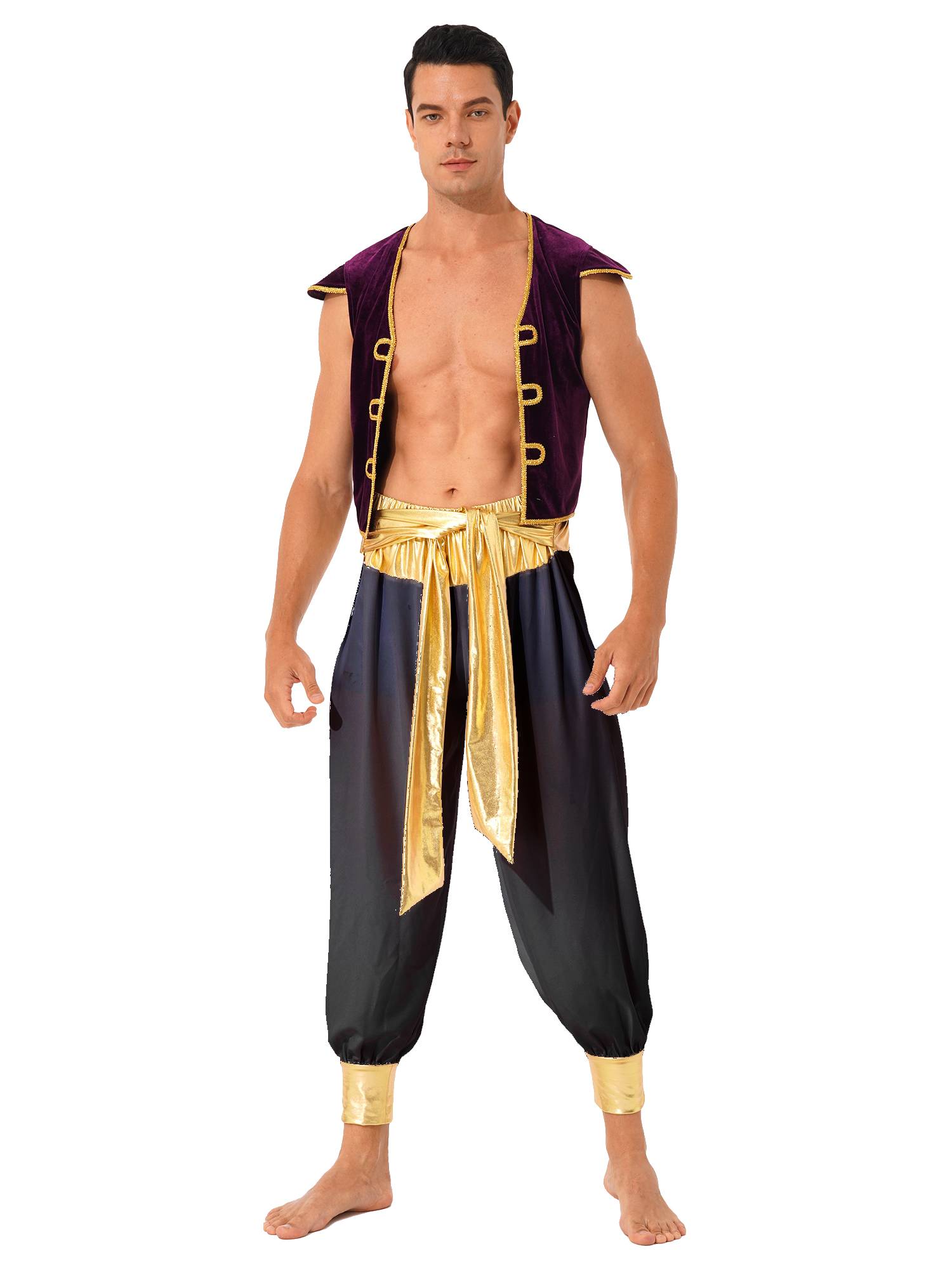 Men 2pcs Arabian Prince Costume Cap Sleeve Vest and Pants Set