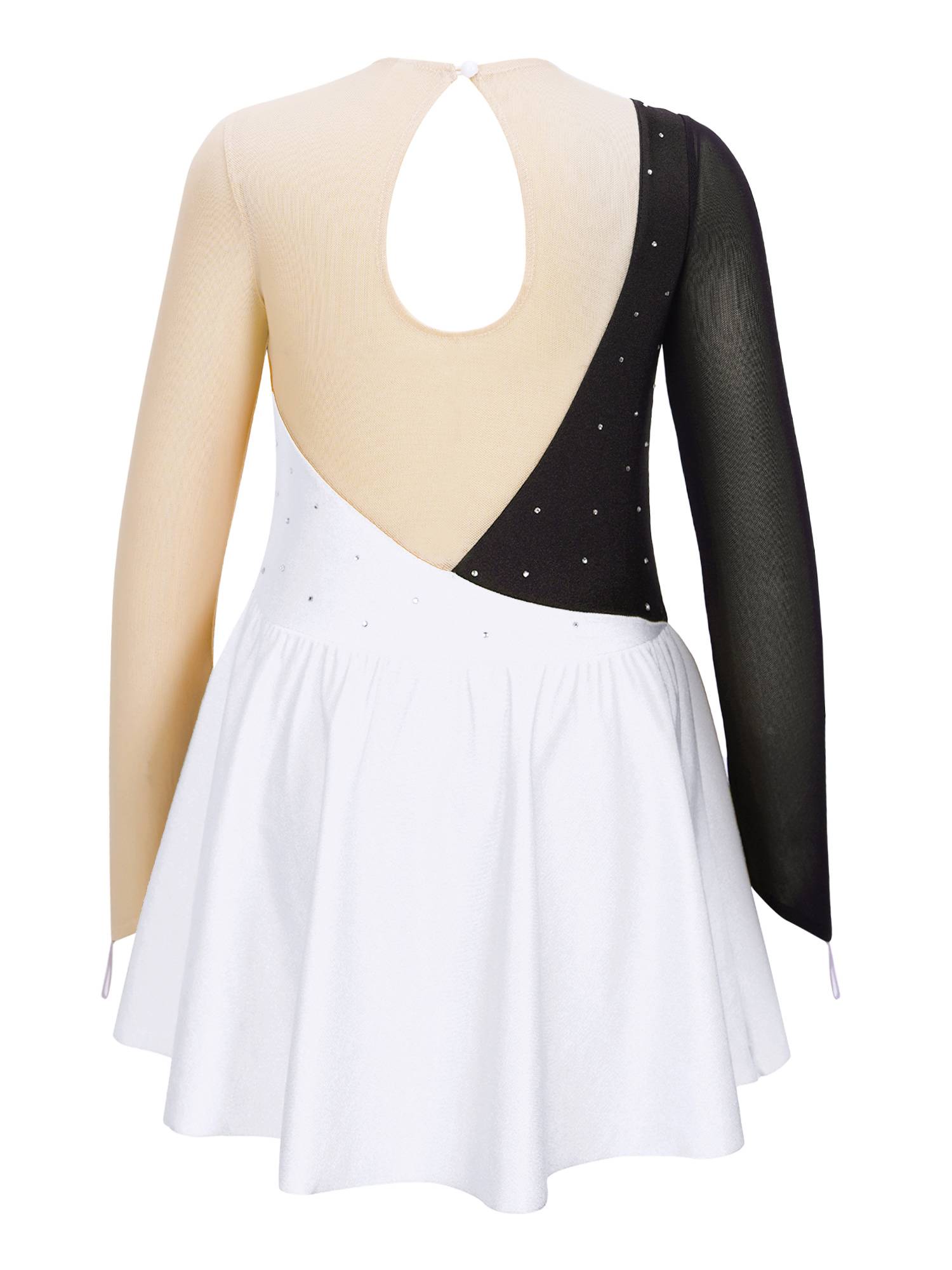 Kids Girls Long Sleeve Shiny Rhinestone Ruffle Skating Dance Dress