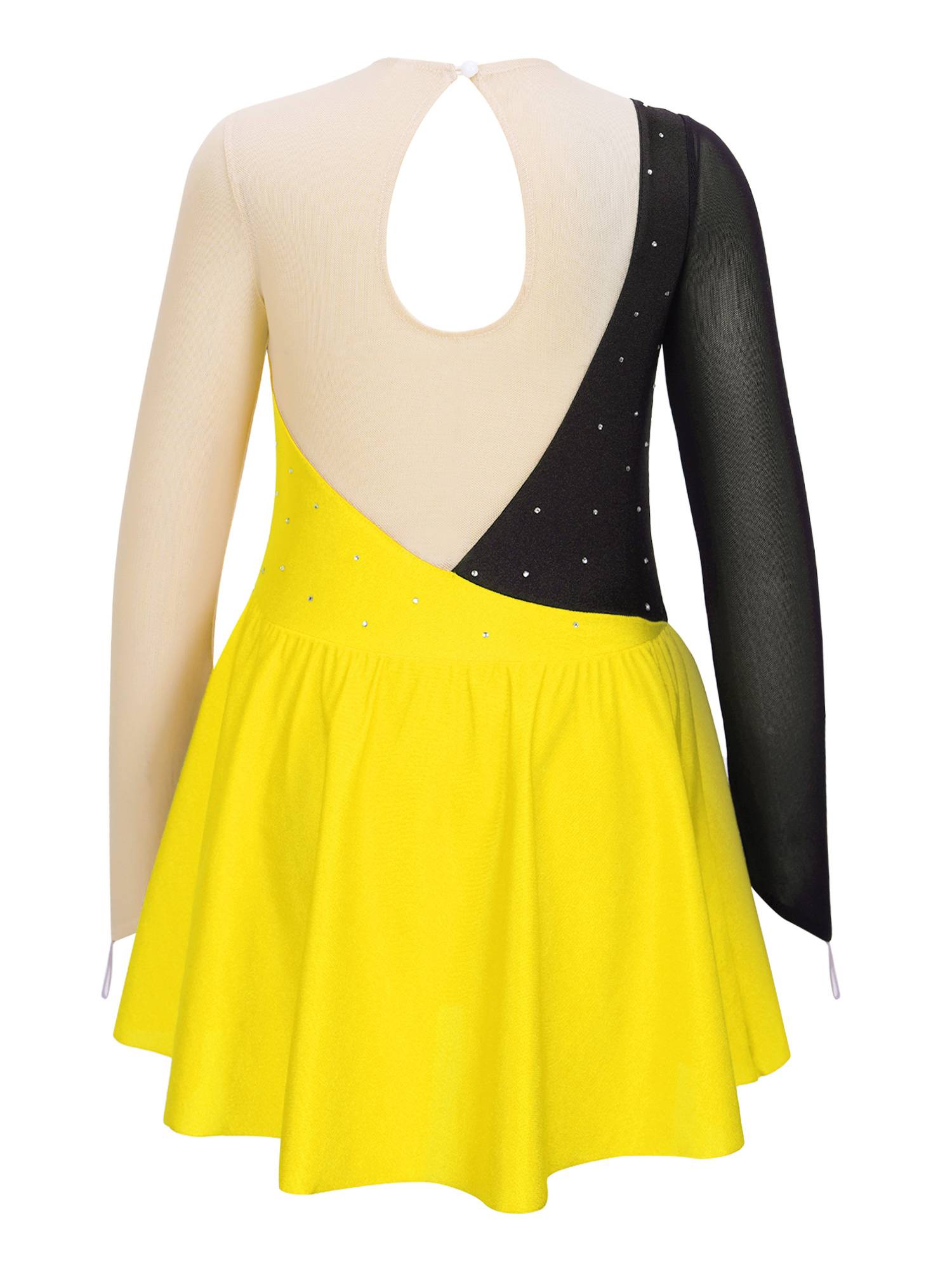 Kids Girls Long Sleeve Shiny Rhinestone Ruffle Skating Dance Dress