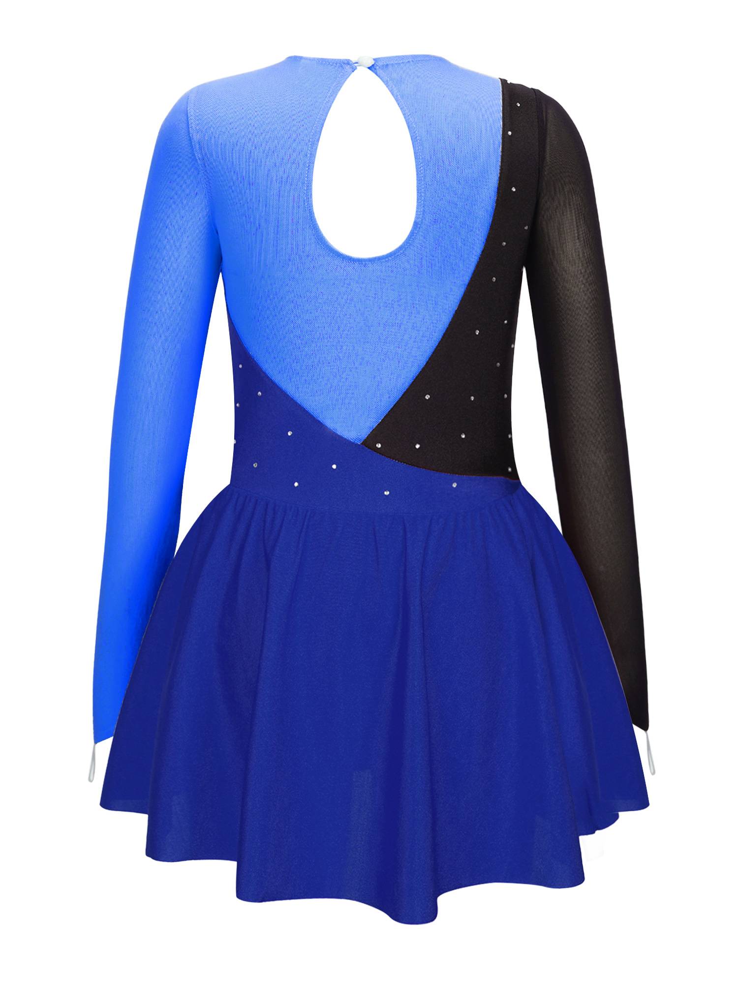 Kids Girls Long Sleeve Shiny Rhinestone Ruffle Skating Dance Dress