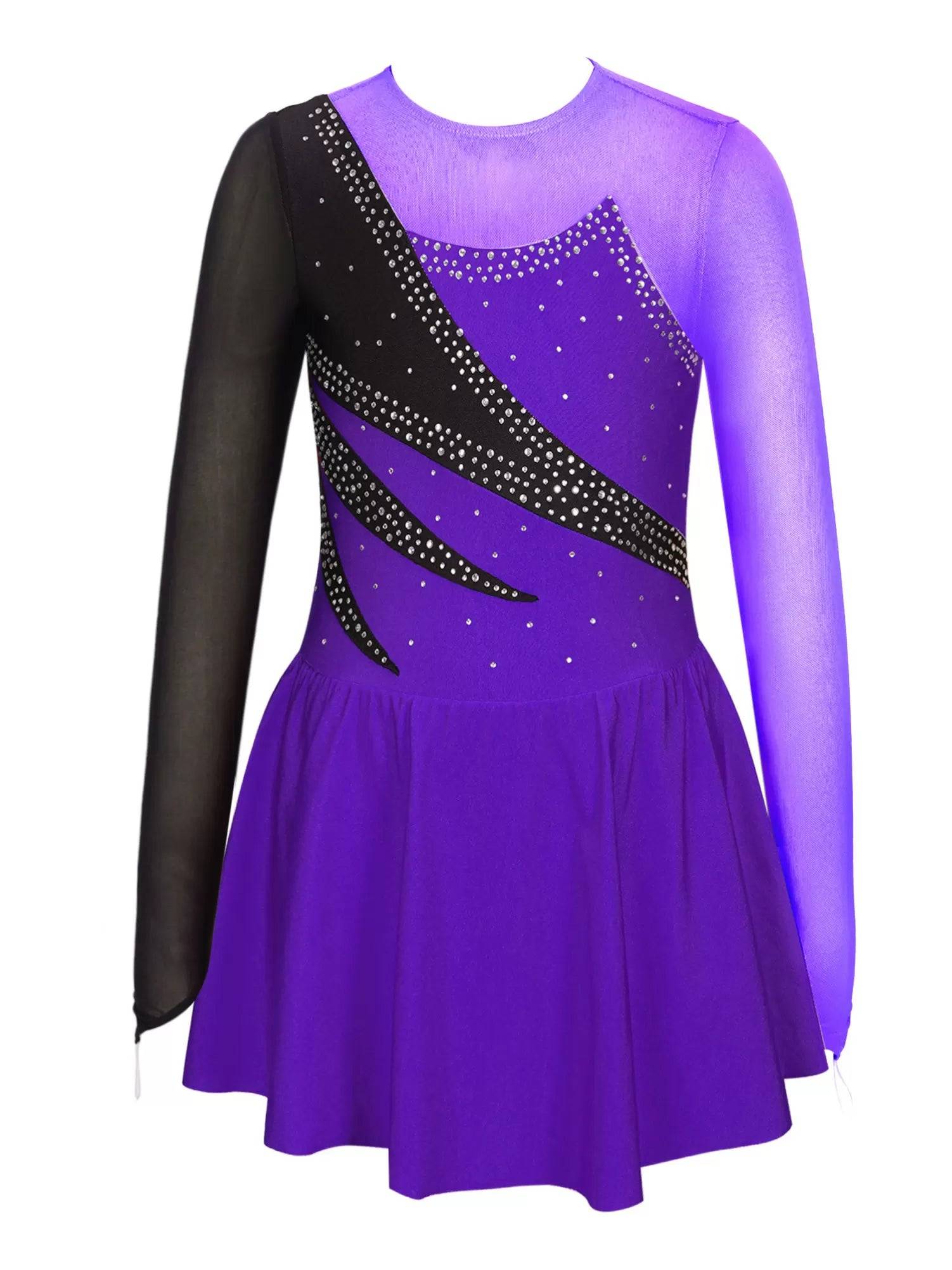 Kids Girls Long Sleeve Shiny Rhinestone Ruffle Skating Dance Dress