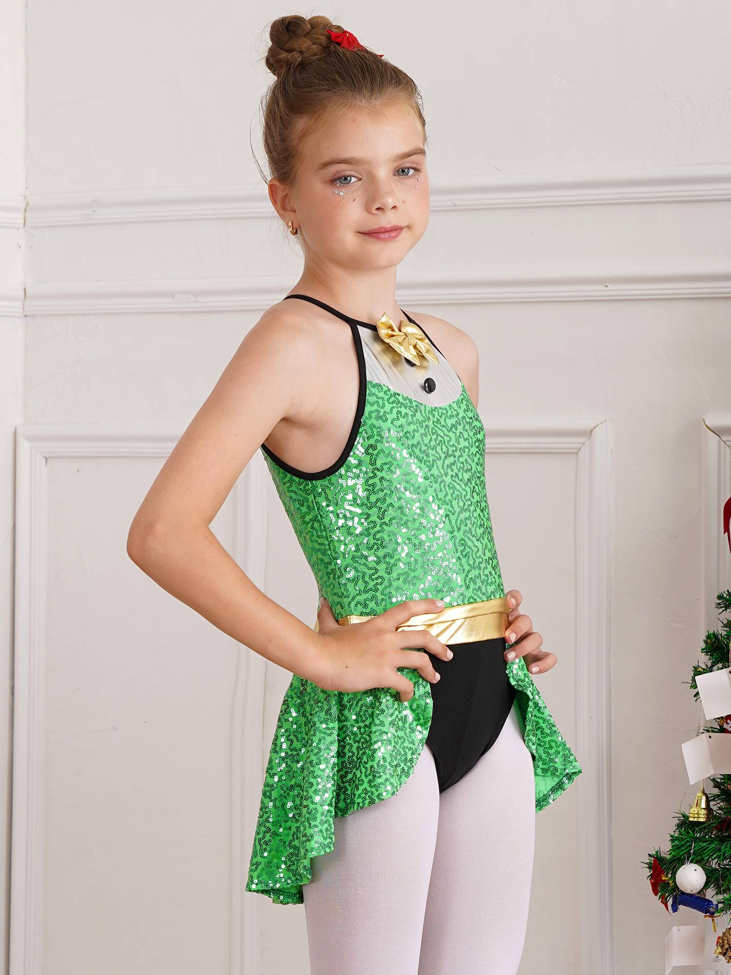 Kids Girls Christmas Halter Neck Sleeveless Bowknot Sequins Leotard