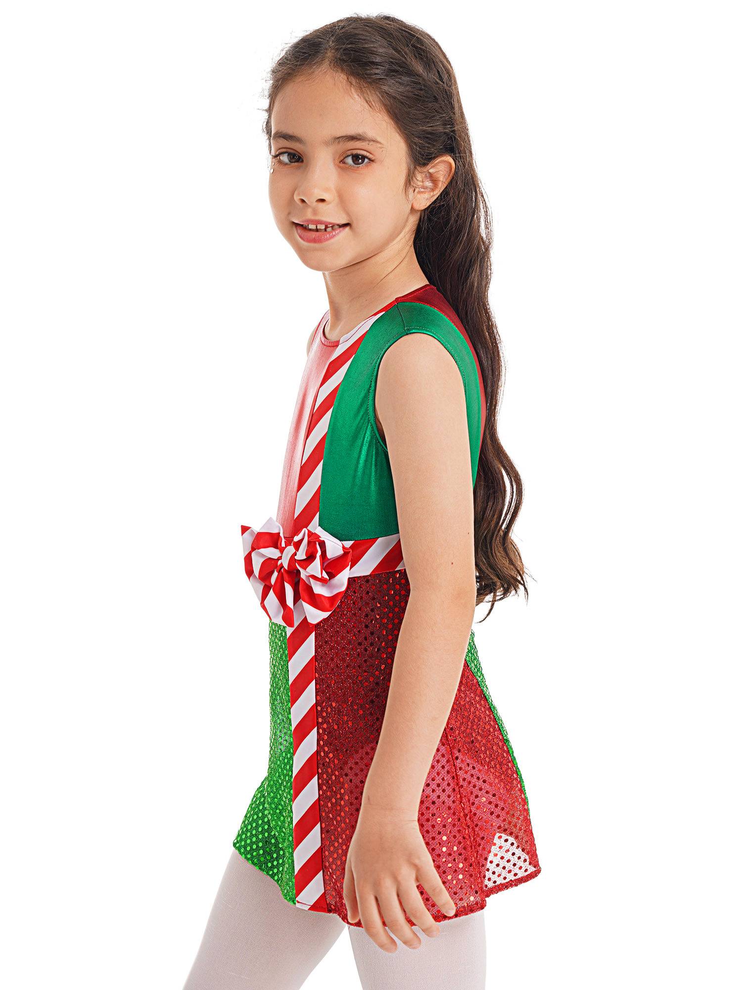Kids Girls Striped Color Block Sleeveless Sequins Christmas Leotard Dress