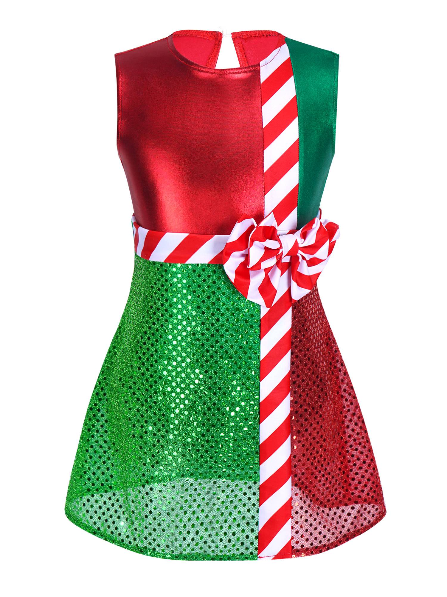 Kids Girls Striped Color Block Sleeveless Sequins Christmas Leotard Dress