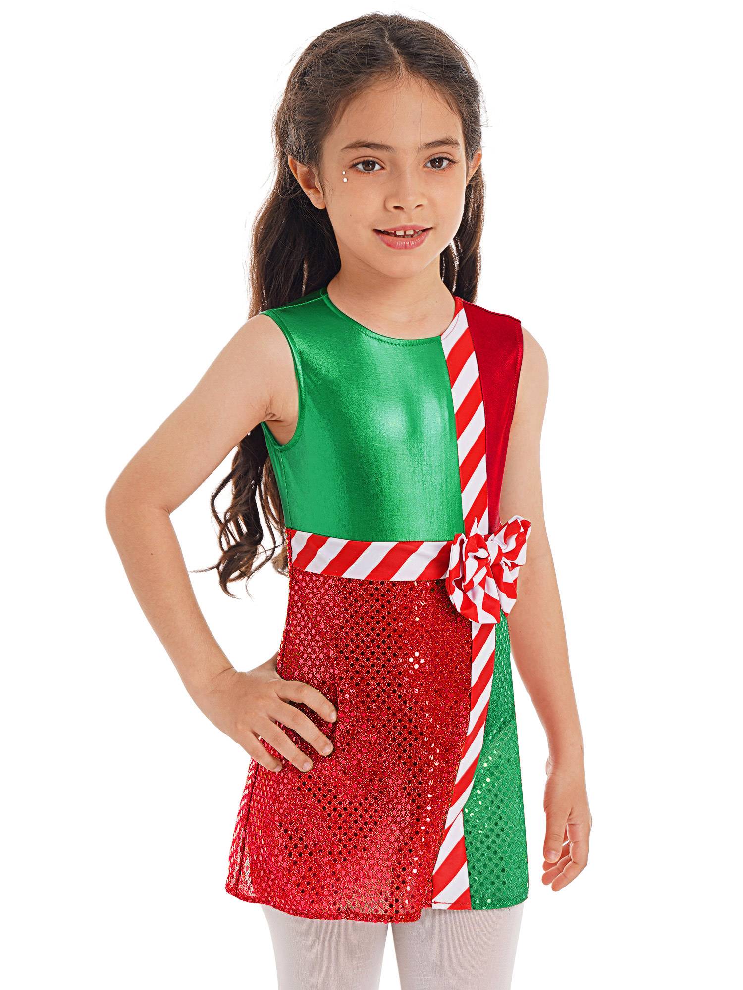 Kids Girls Striped Color Block Sleeveless Sequins Christmas Leotard Dress