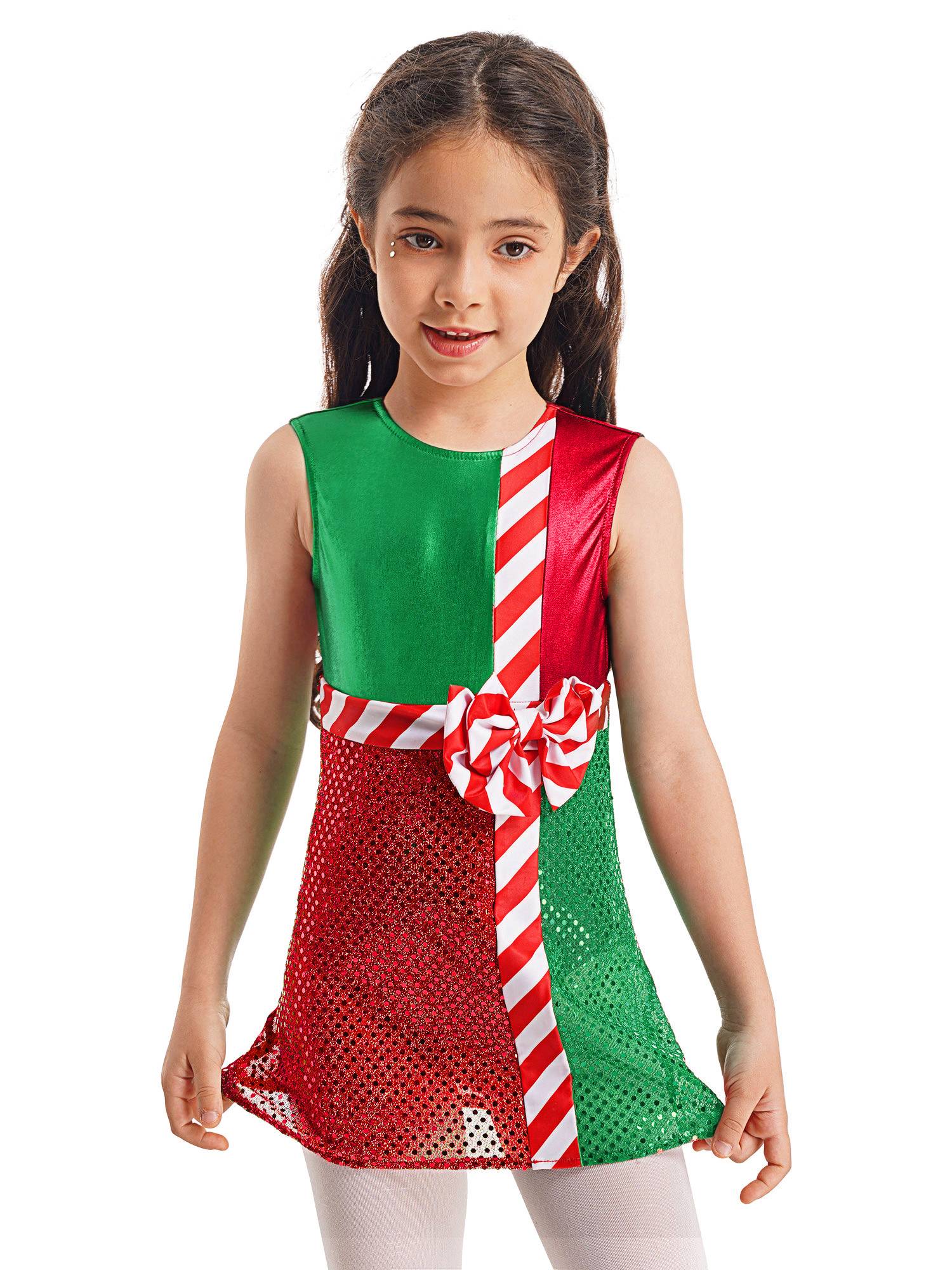 Kids Girls Striped Color Block Sleeveless Sequins Christmas Leotard Dress