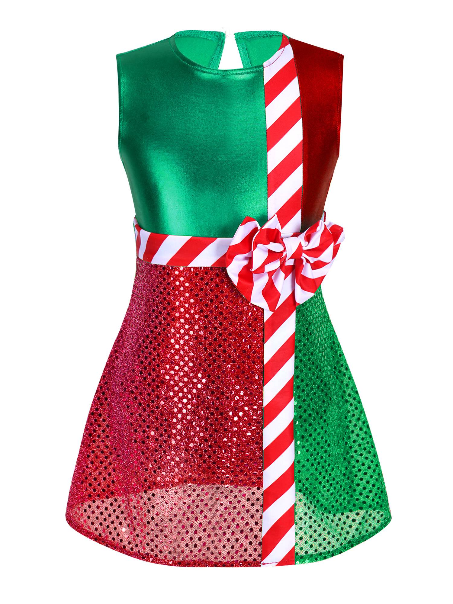 Kids Girls Striped Color Block Sleeveless Sequins Christmas Leotard Dress