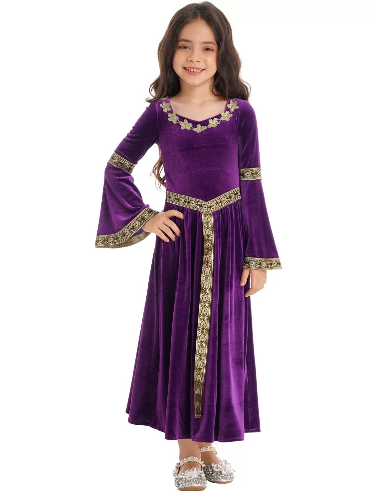 Kids Girls Retro Medieval Princess Velvet Dress Costumes
