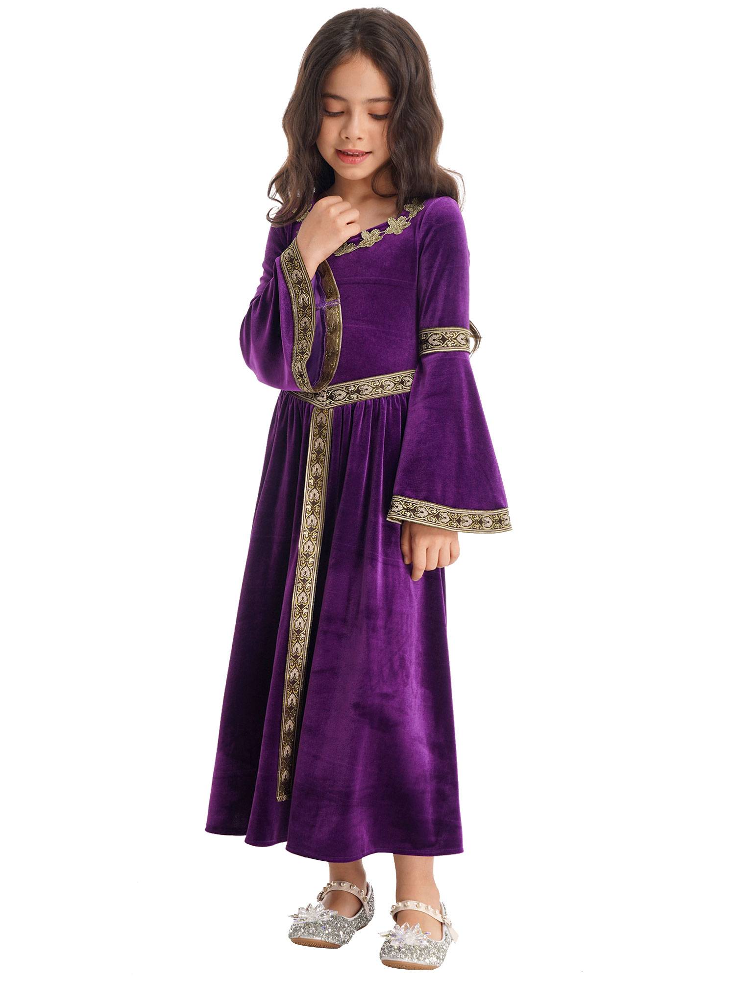 Kids Girls Retro Medieval Princess Velvet Dress Costumes