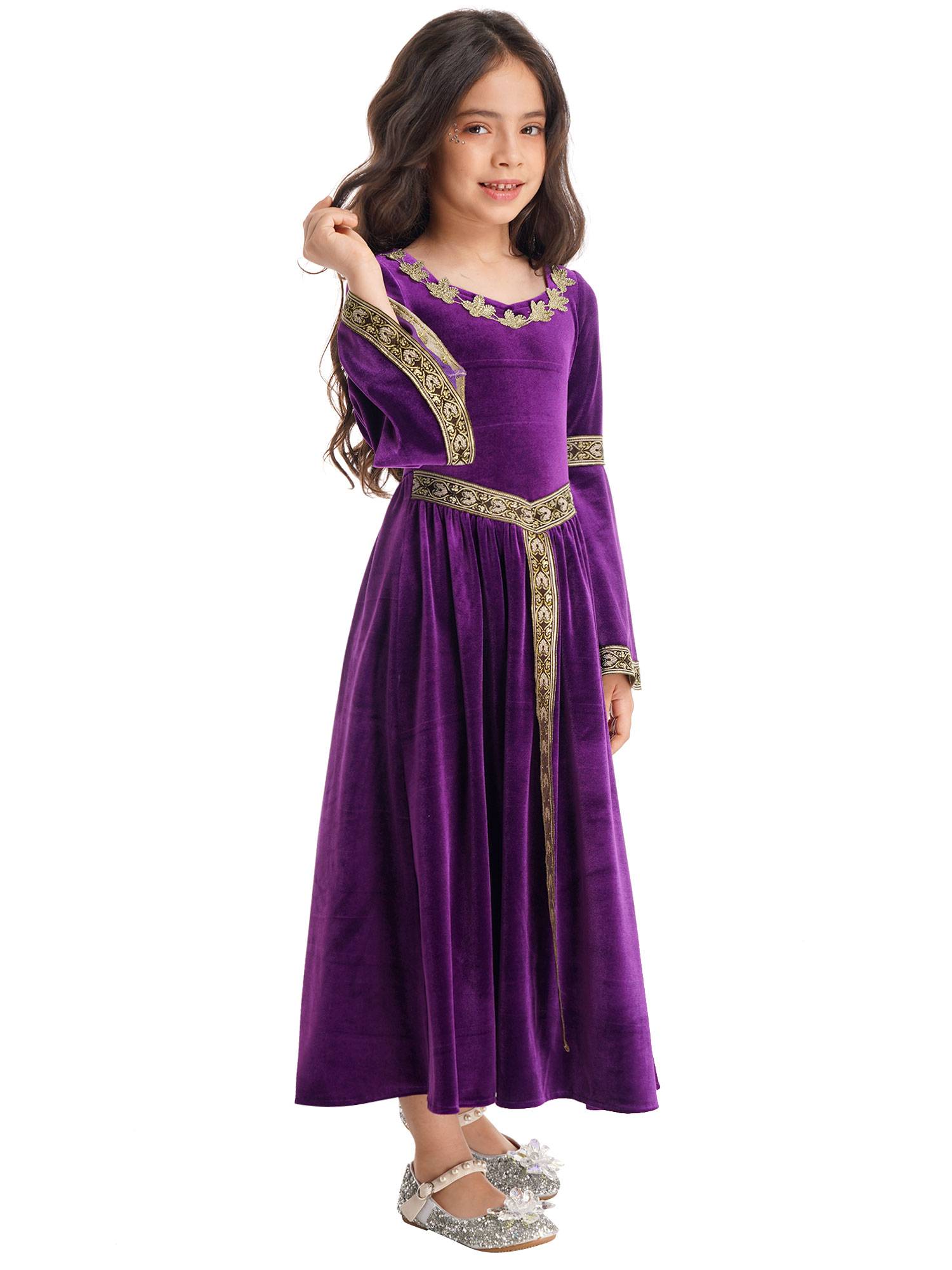 Kids Girls Retro Medieval Princess Velvet Dress Costumes