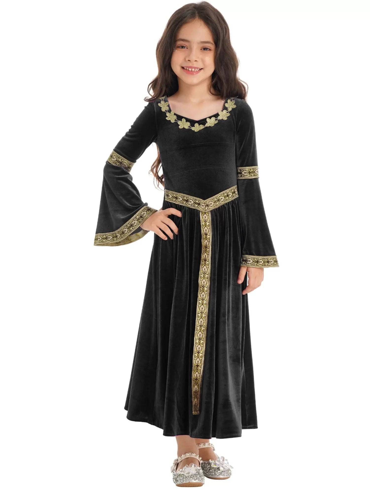 Kids Girls Retro Medieval Princess Velvet Dress Costumes